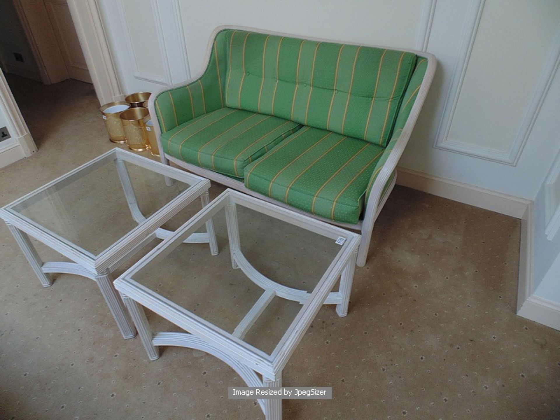 A pair of painted wood two seater soft cushions sofas complete with two distressed painted wood - Image 2 of 2