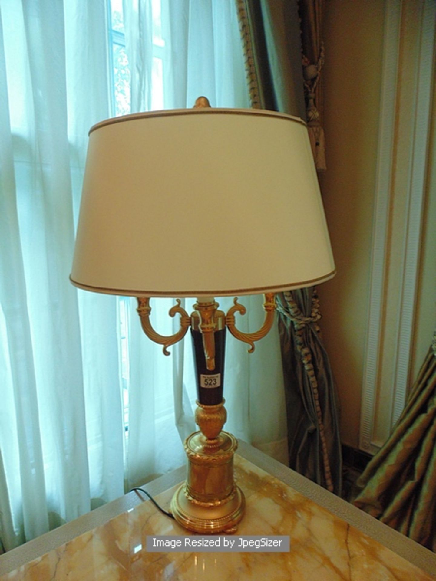 A pair of Laudarte Pandora table lamps, bronze castings marble column 24ct. gold finish 710mm tall