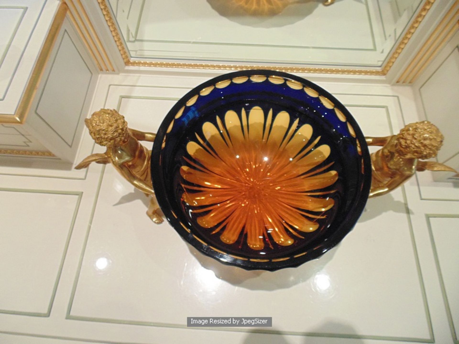 A Baldi Home Jewels amber and blue 24% lead crystal bowl mounted on bronze base 24ct. gold plated, - Image 4 of 5