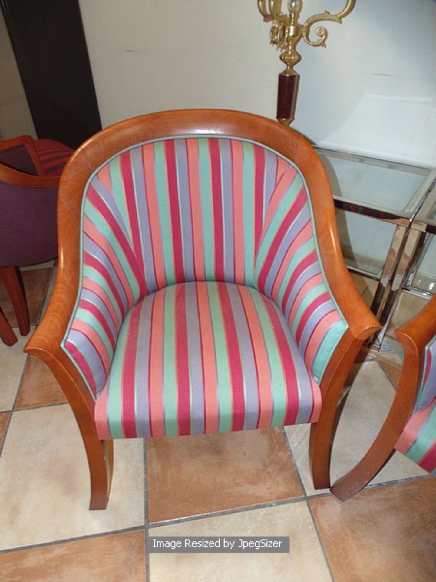 A pair of polished mahogany framed upholstered club chairs multistripe satin type fabric - Image 2 of 3