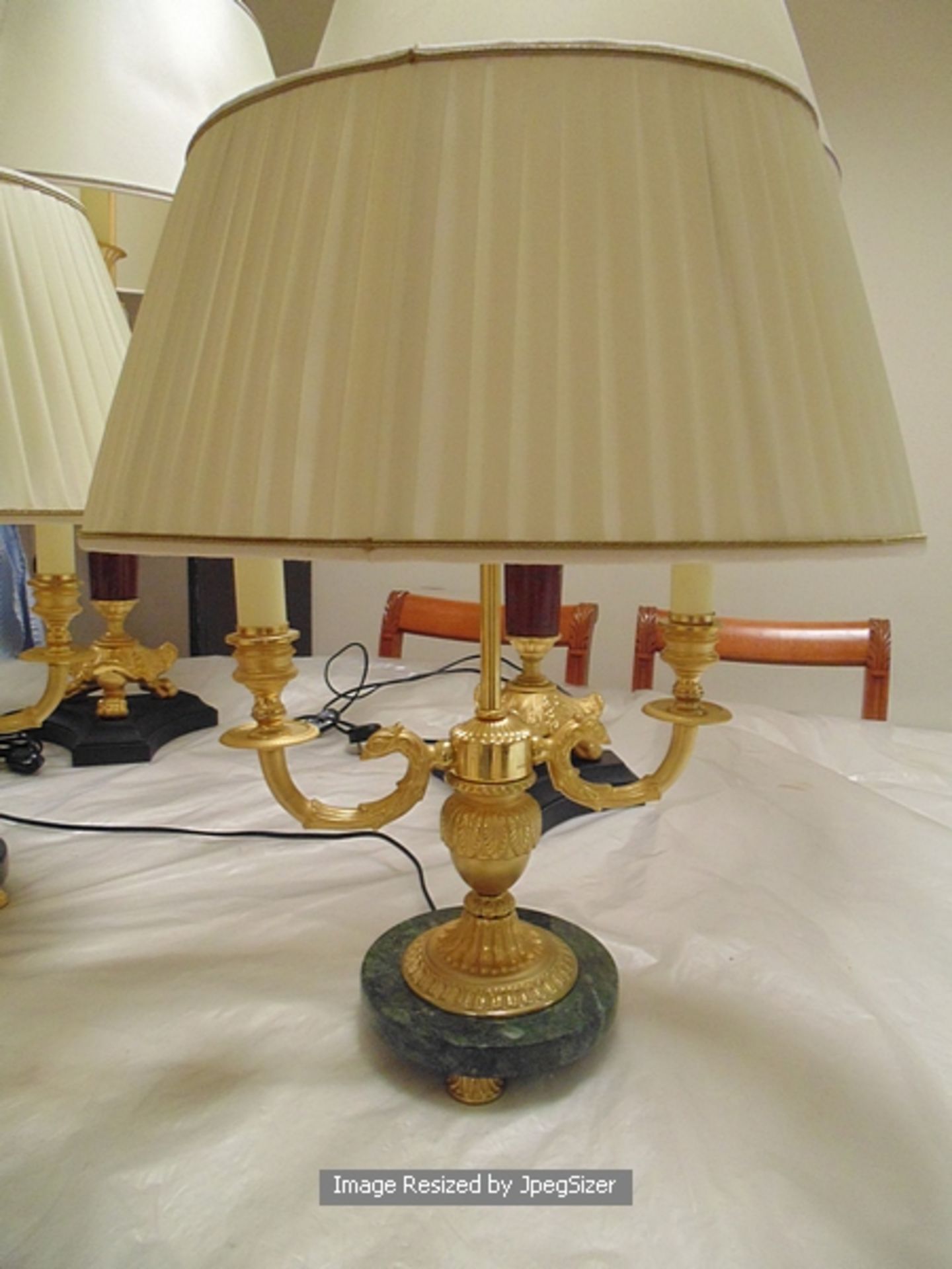 A pair of two candle Laudarte Nicippe table lamps, bronze castings with central column 24ct. gold - Image 2 of 4