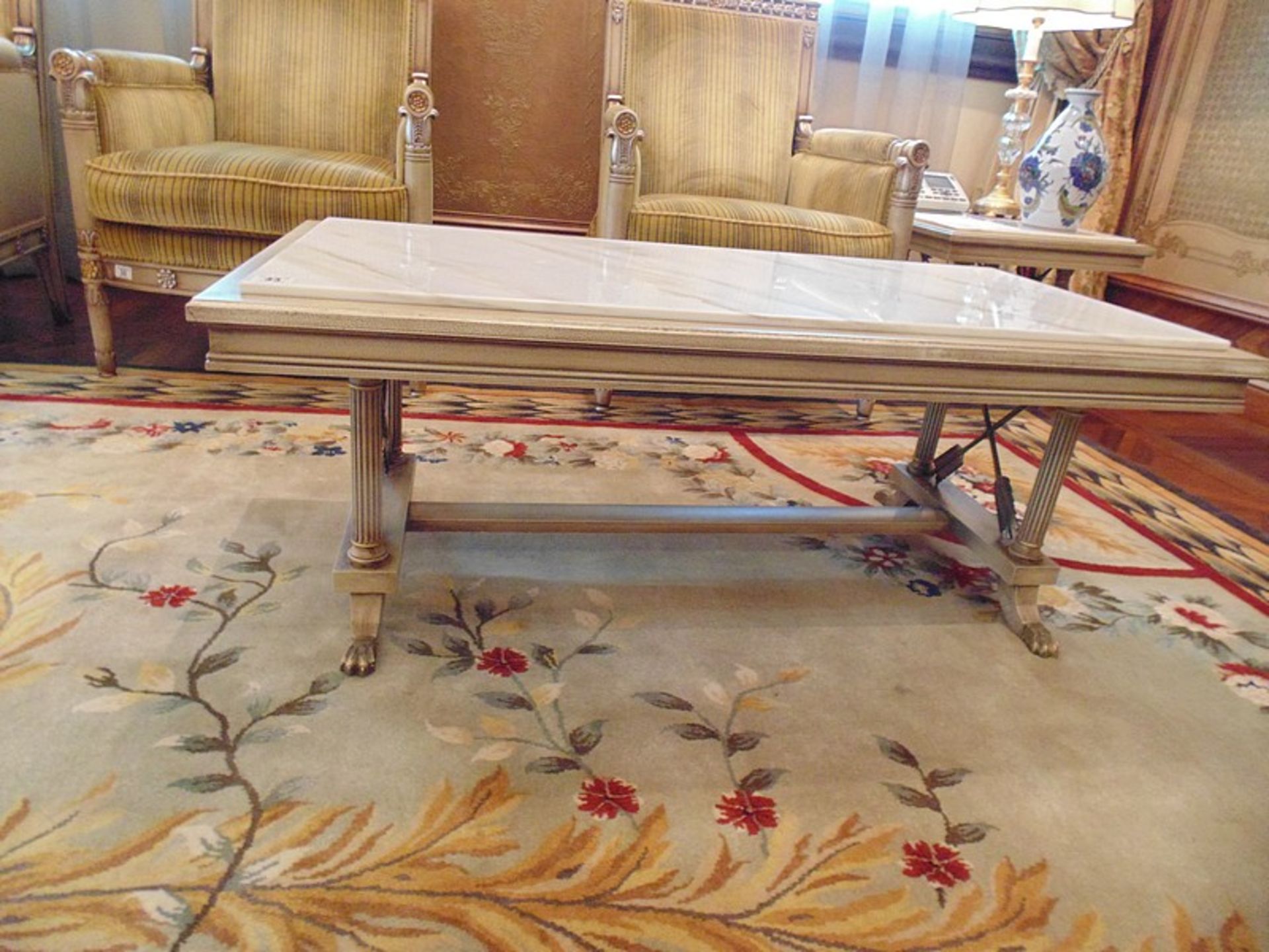 Continental painted and marbleised coffee table the marble top surmounted above four fluted - Image 2 of 2