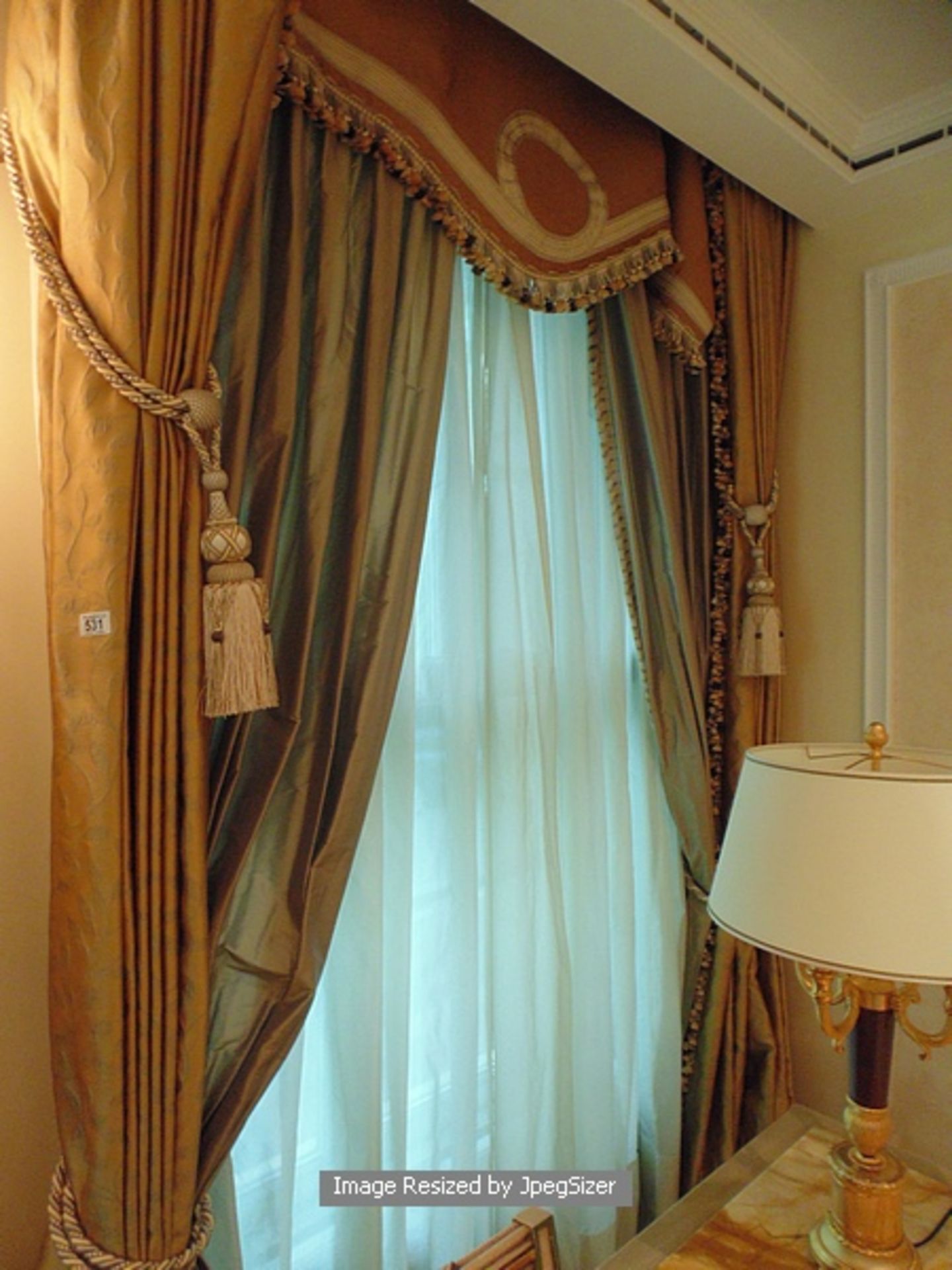 A pair of gold curtains supplied by Jacquard from Rudolph Ackermann`s A series design with elaborate - Image 4 of 4