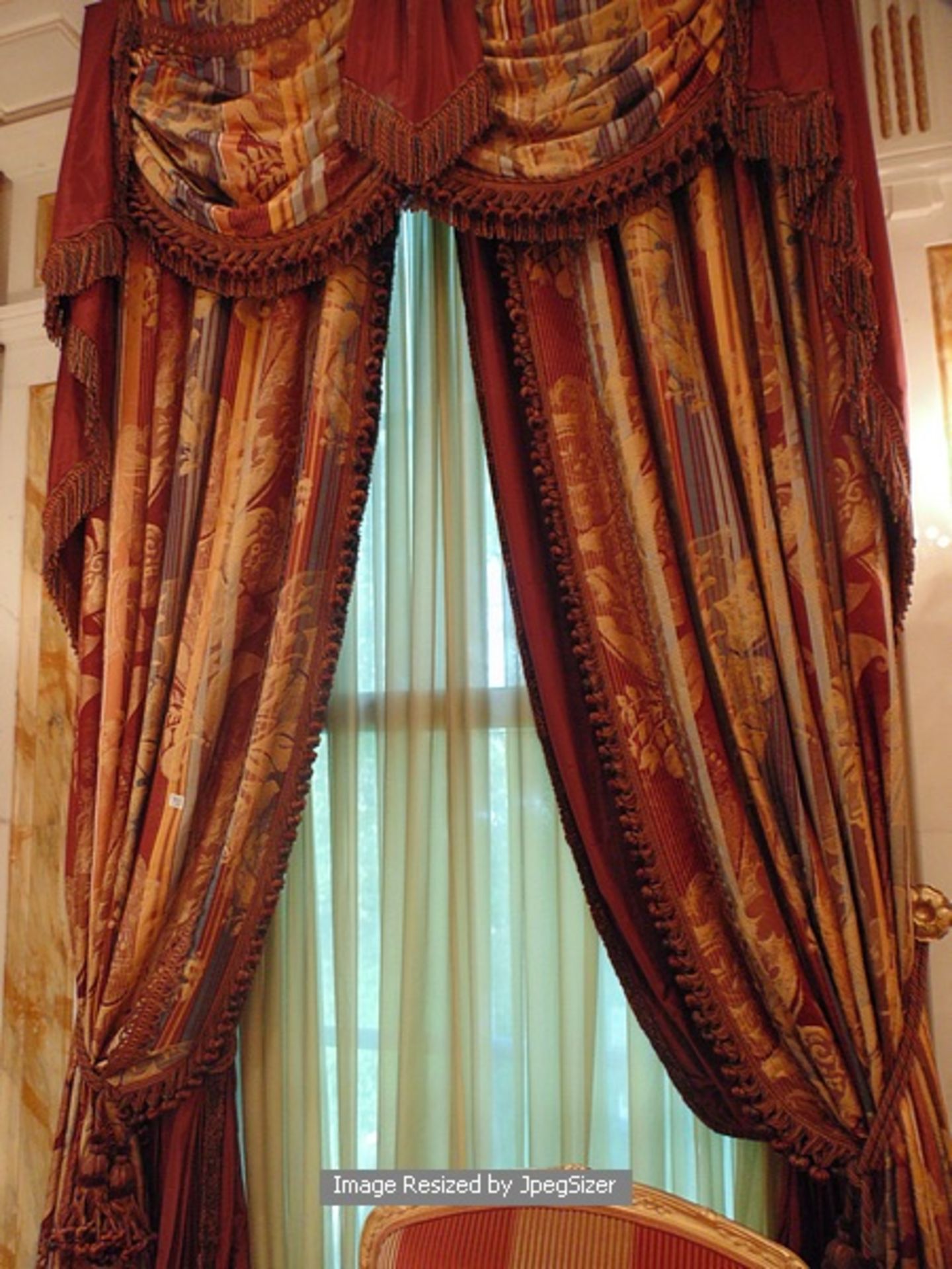 A pair of gold and burgundy curtains supplied by Jacquard from Rudolph Ackermann`s A series design - Image 2 of 2