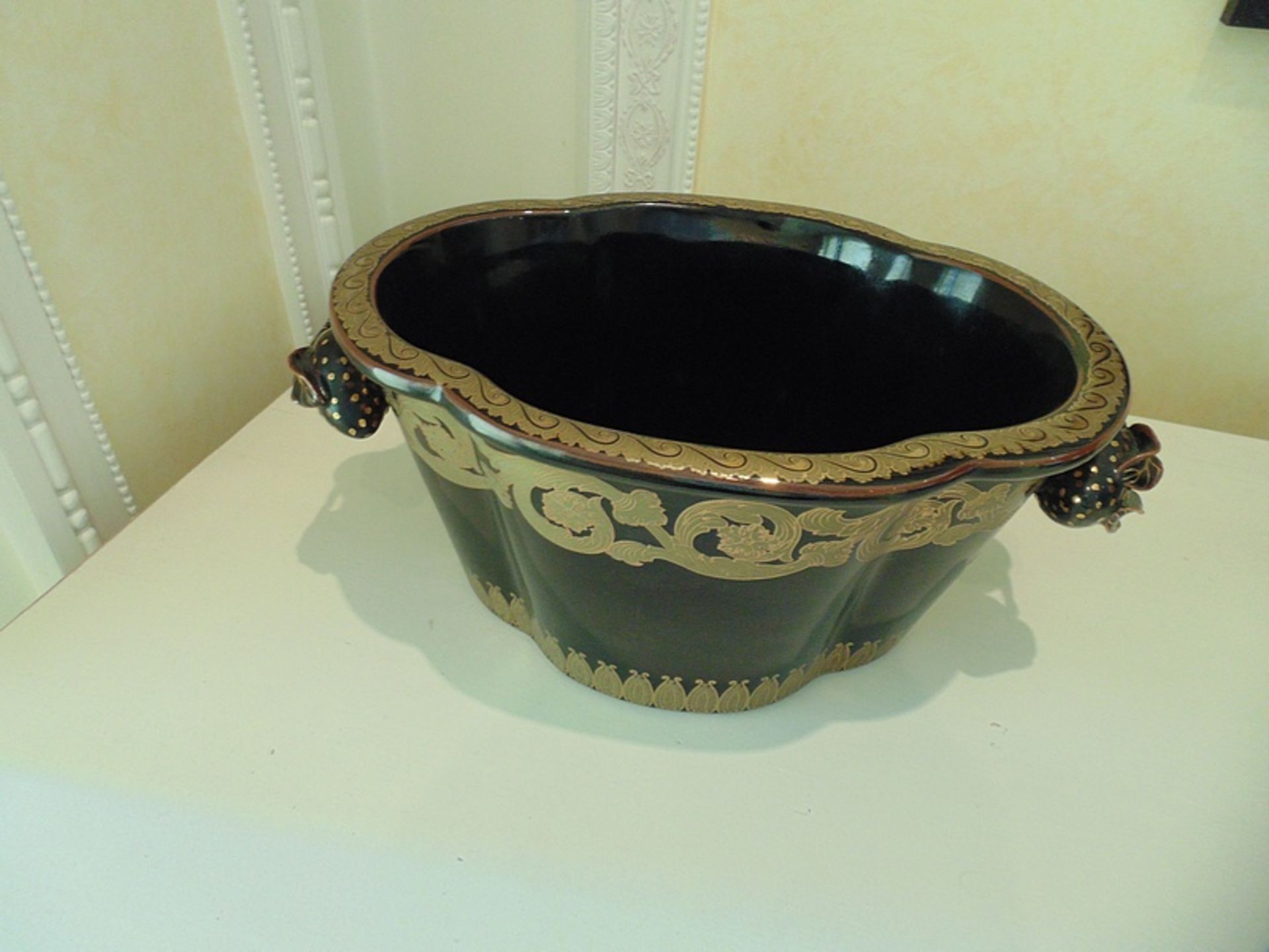 Enamelled ceramic scalloped top ornamental oval urn with applied gilded decoration 300mm x 140mm