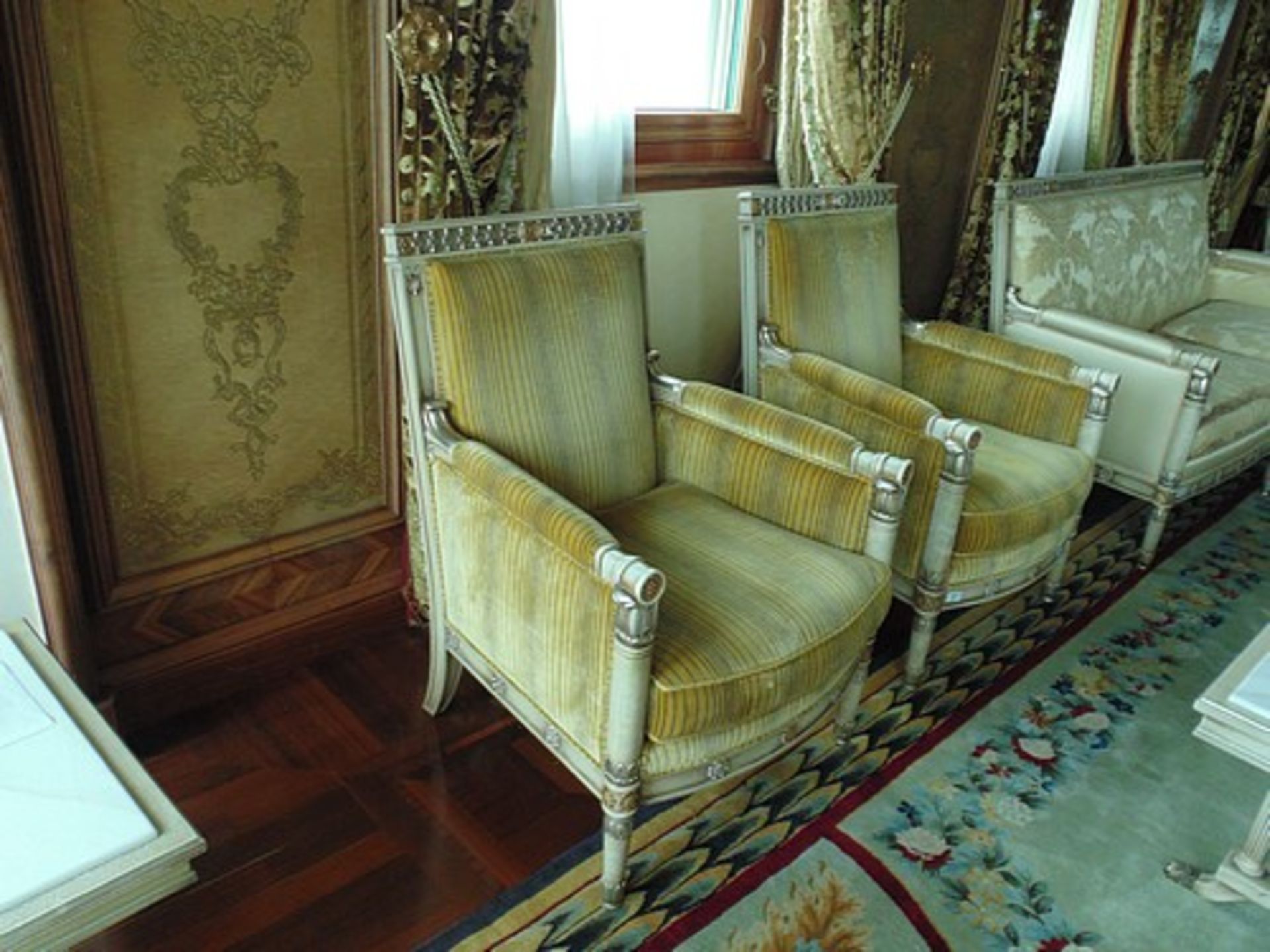 A pair of Louis XVI style Directoire Bergères painted and lacquered wood armchairs 720mm x 700mm x - Image 3 of 4