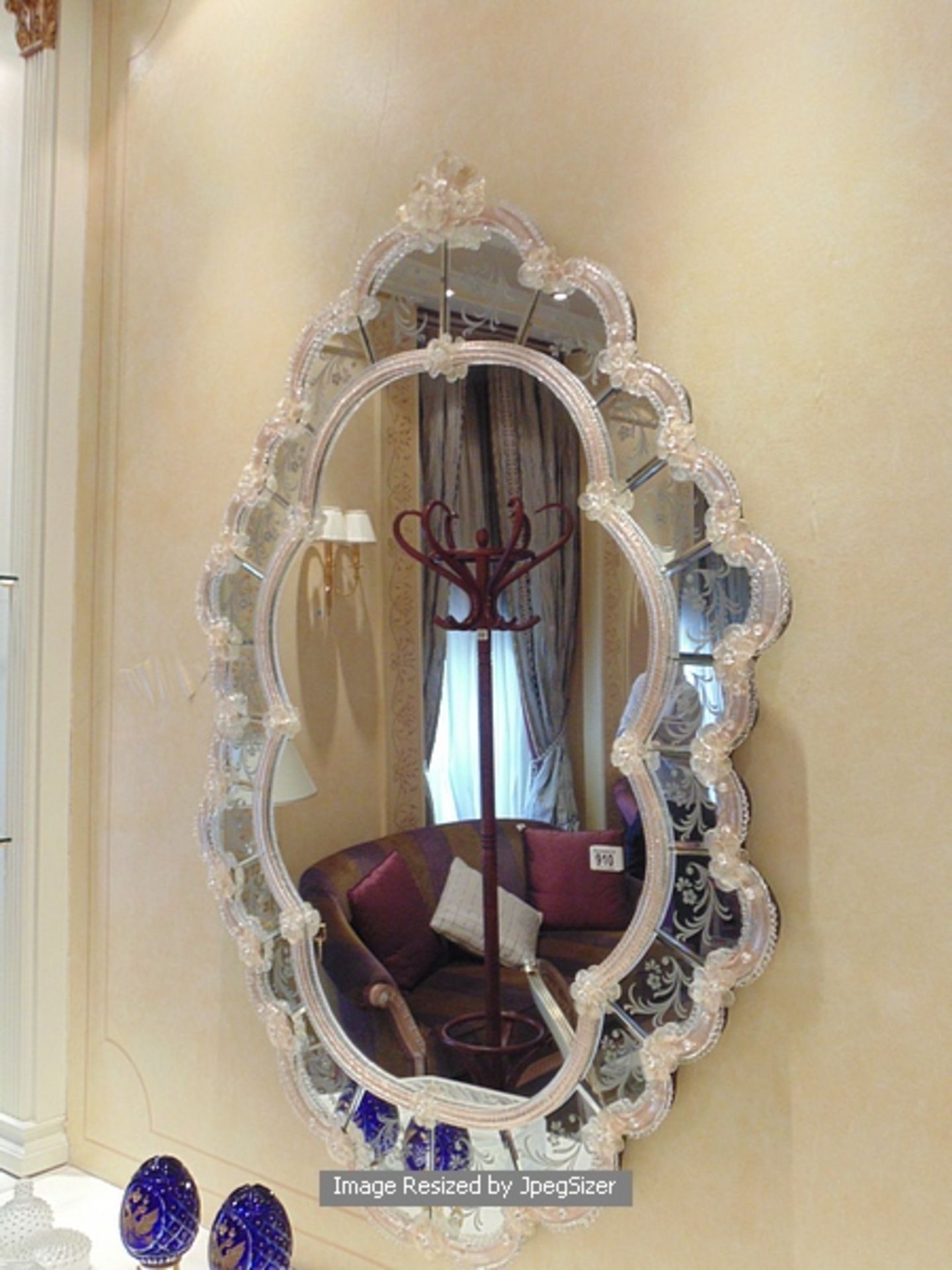 A Venetian oval shaped looking glass mirror in the eighteenth century style, the coloured glass - Image 2 of 3