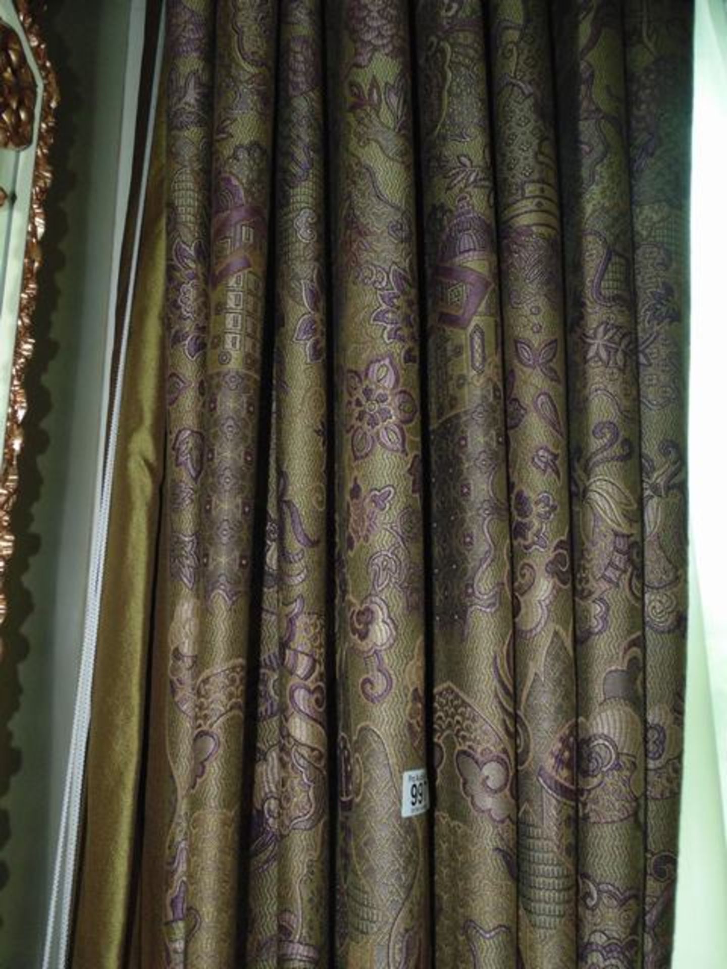 A pair of mauve and gold pattern curtains supplied by Jacquard, gold and mauve fabric from Marvi - Image 3 of 4