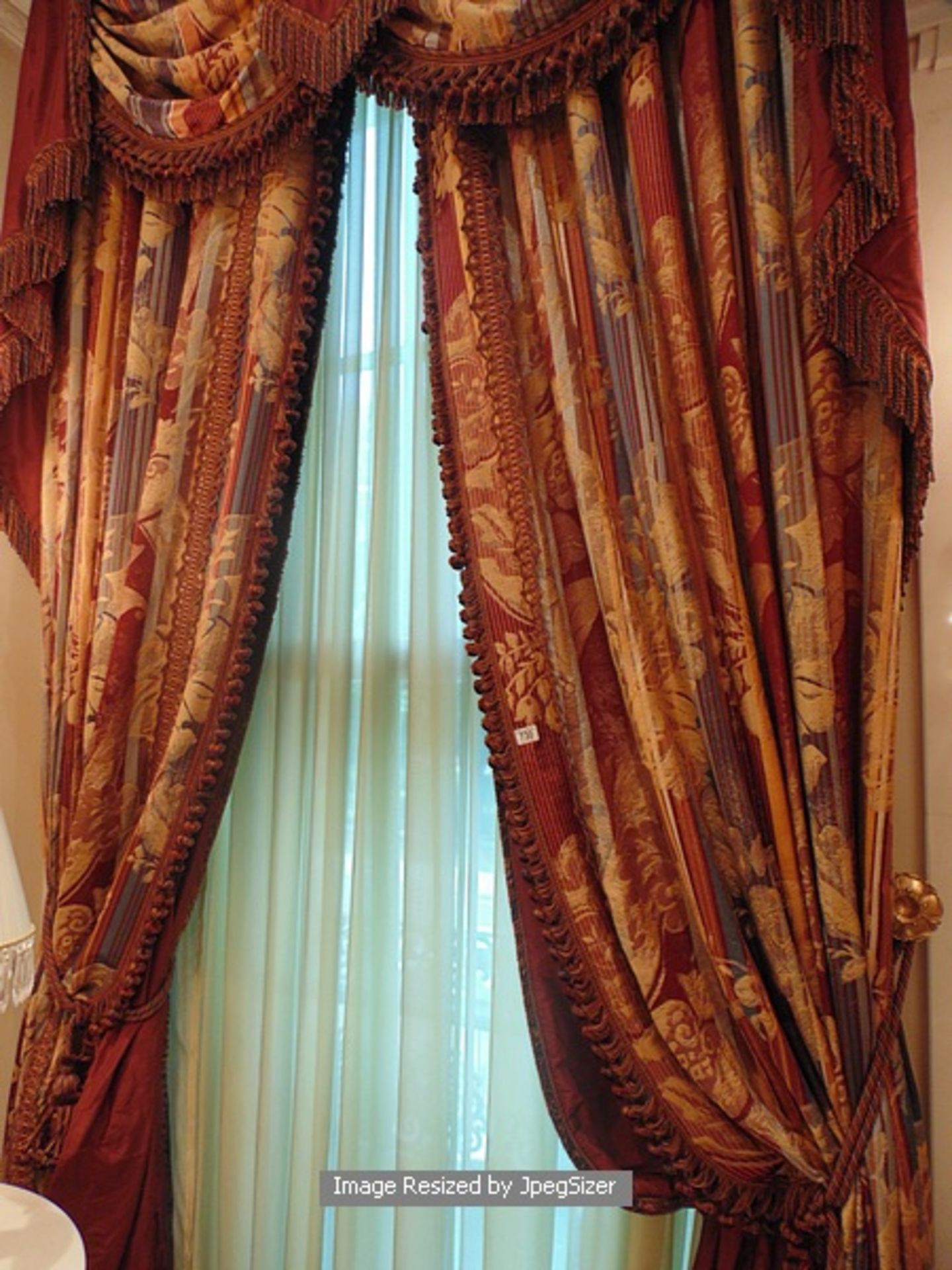 A pair of gold and burgundy curtains supplied by Jacquard from Rudolph Ackermann`s A series design - Image 6 of 7