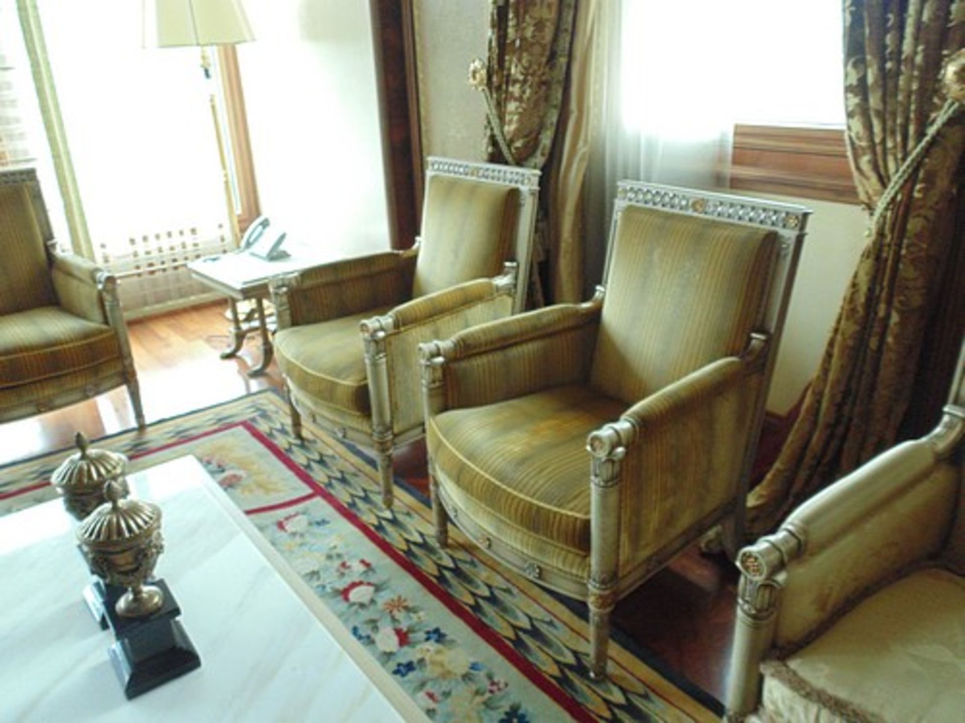 A pair of Louis XVI style Directoire Bergères painted and lacquered wood armchairs 720mm x 700mm x