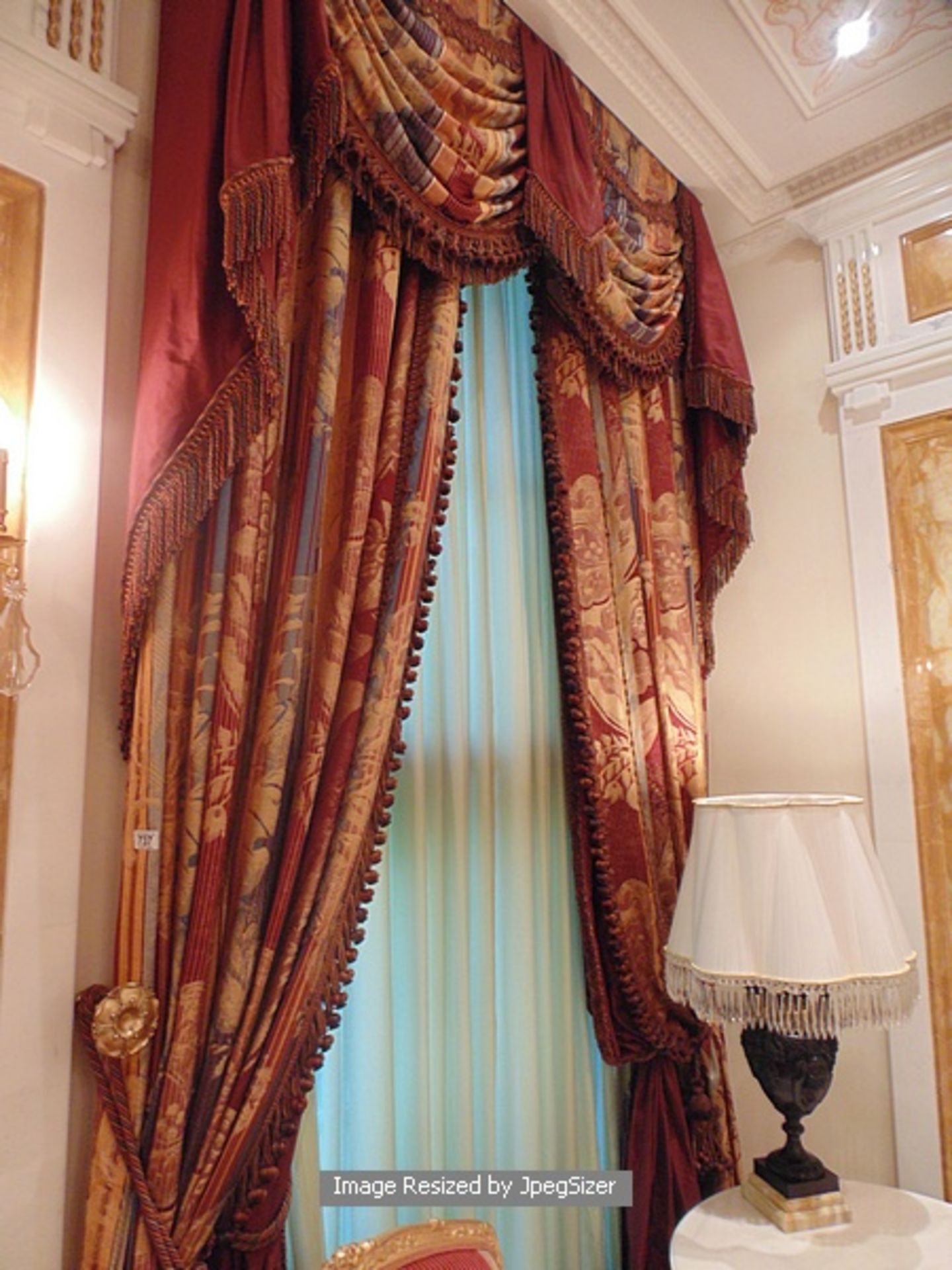A pair of gold and burgundy curtains supplied by Jacquard from Rudolph Ackermann`s A series design - Image 5 of 5
