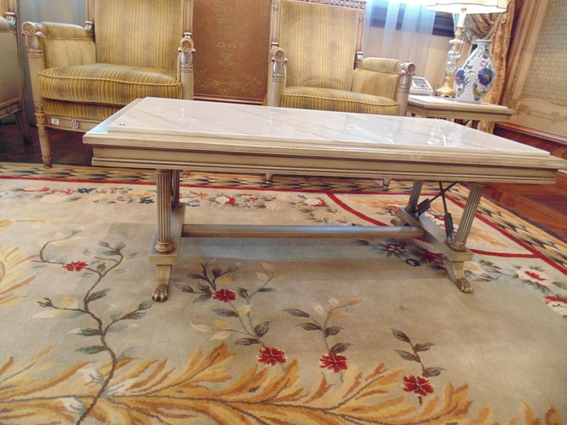 Continental painted and marbleised coffee table the marble top surmounted above four fluted