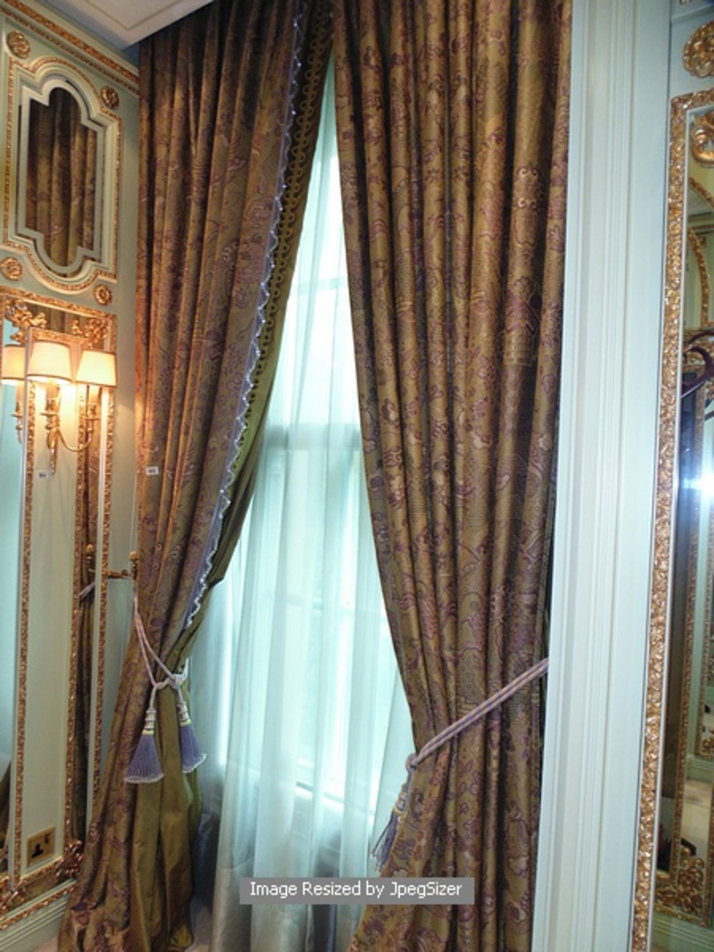 A pair of mauve and gold pattern curtains supplied by Jacquard, gold and mauve fabric from Marvi - Image 2 of 2