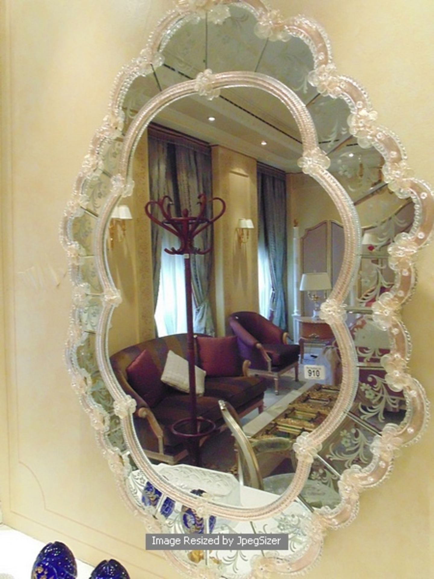 A Venetian oval shaped looking glass mirror in the eighteenth century style, the coloured glass - Image 3 of 3