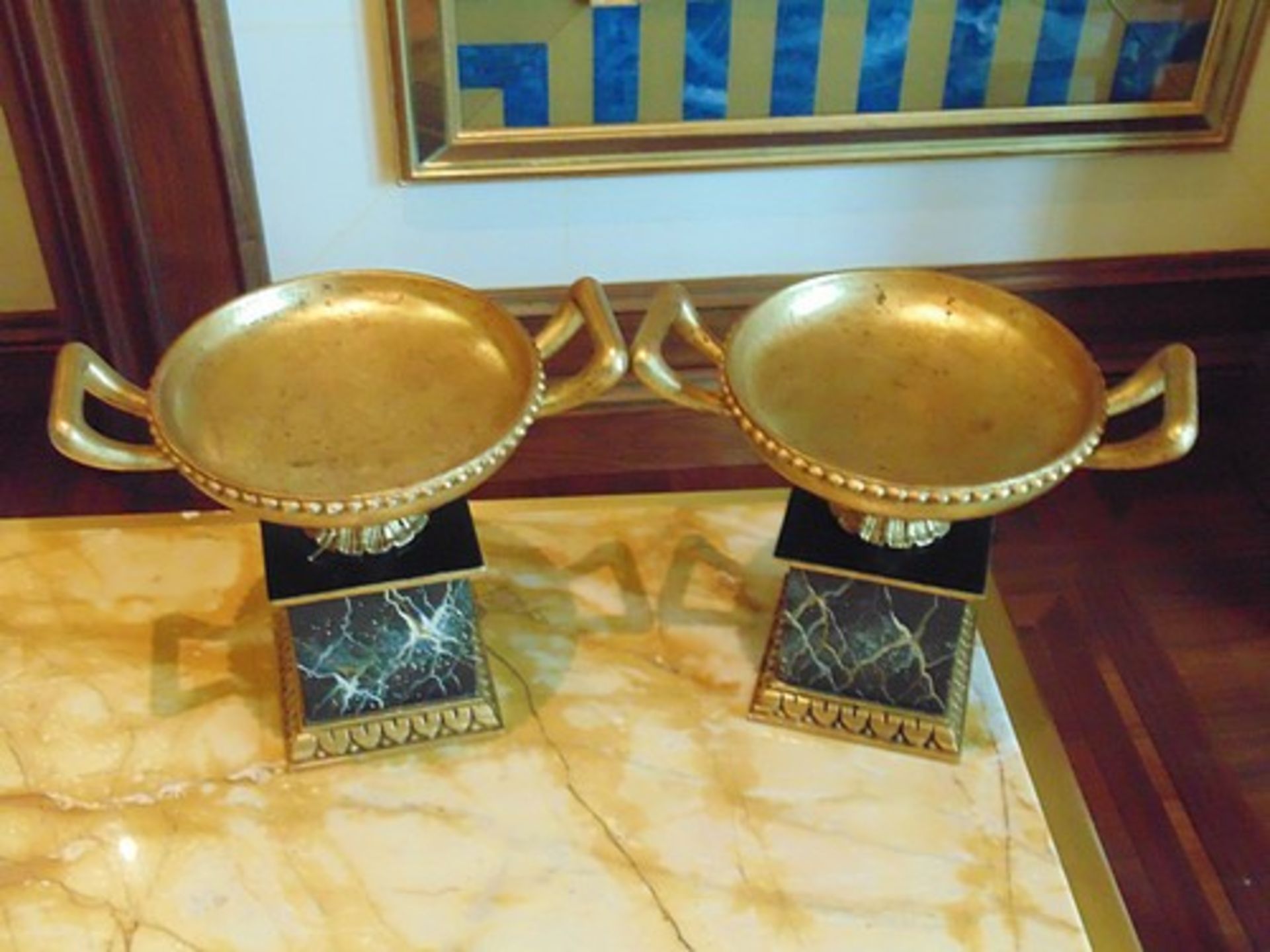 A pair of faux Empire style Tazza with handles on base  light wooden twin handled faux ornamental