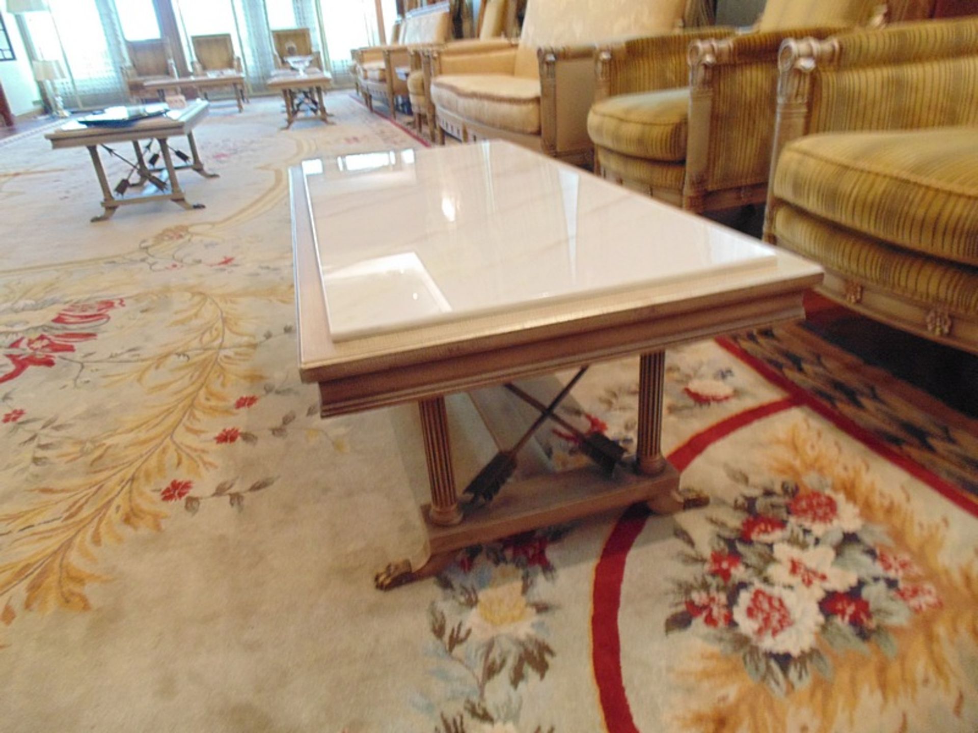 Continental painted and marbleised coffee table the marble top surmounted above four fluted - Image 2 of 2