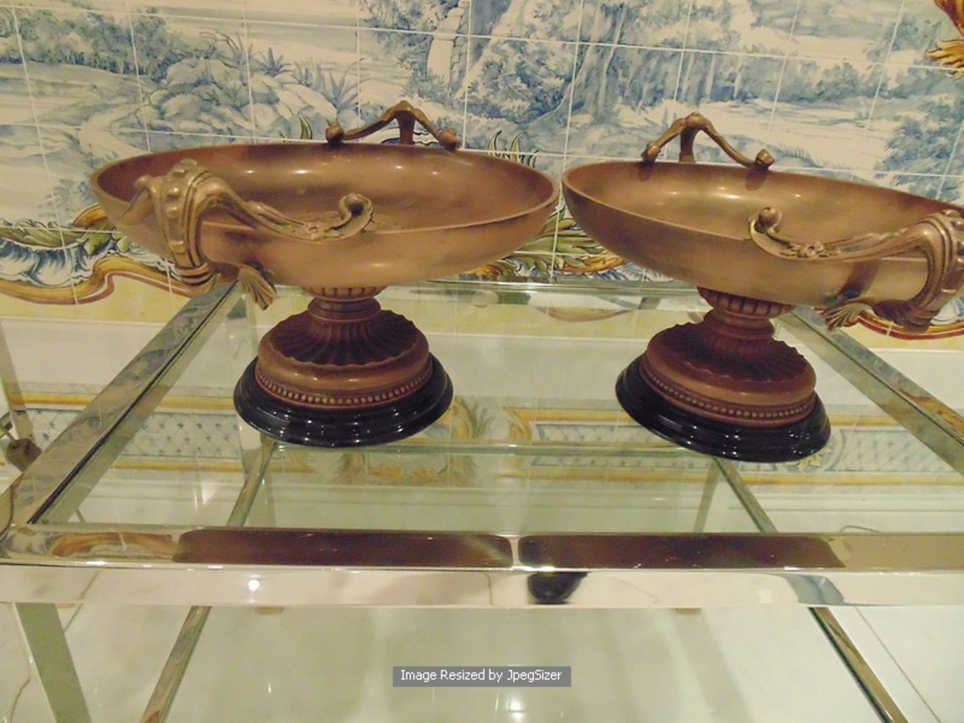 A pair of Empire style bronze Tazza 300mm bowl 200mm tall on marble base