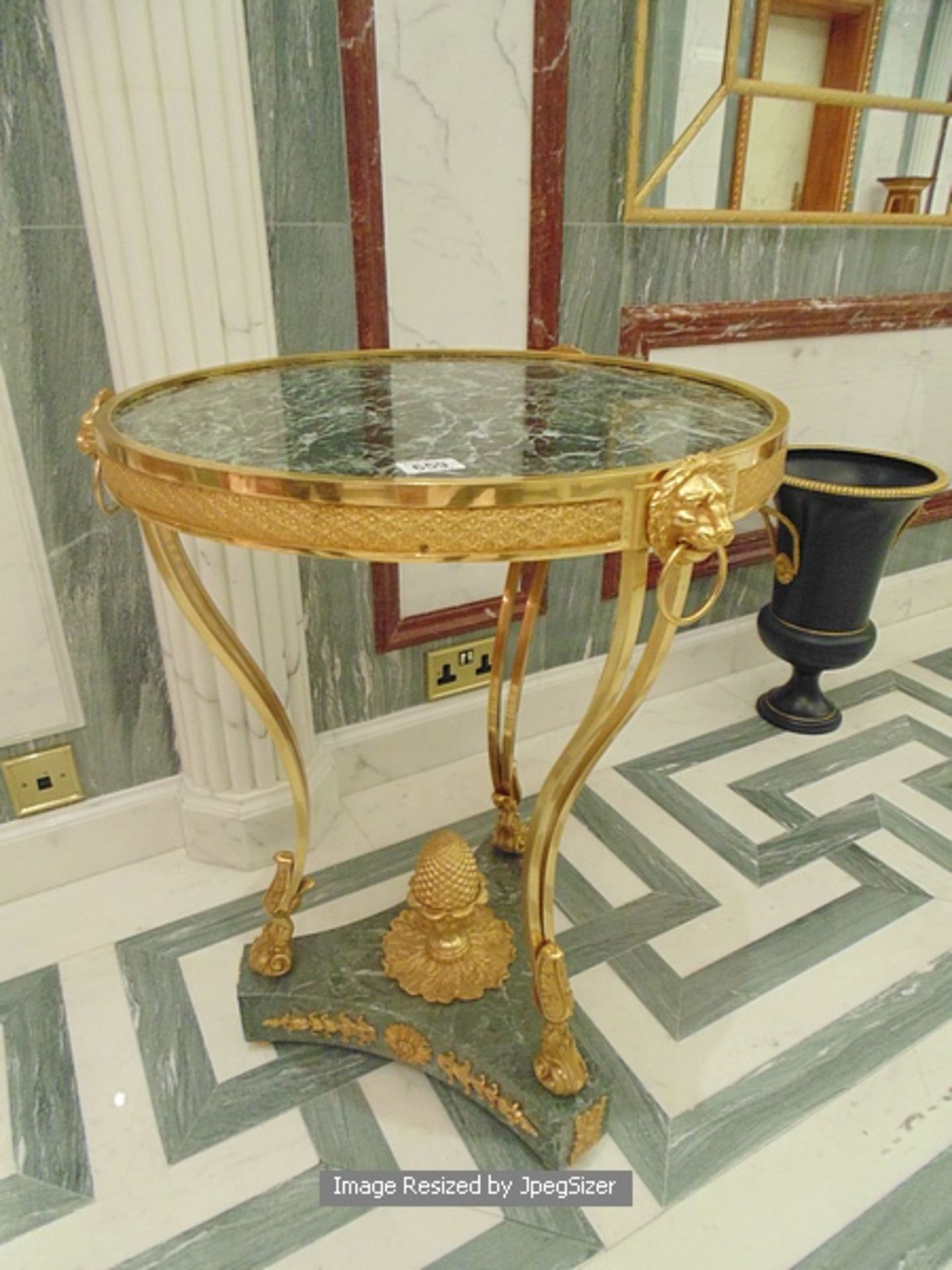Empire style gilt bronze and marble centre table, the Verde marble top with flat edge sits on a