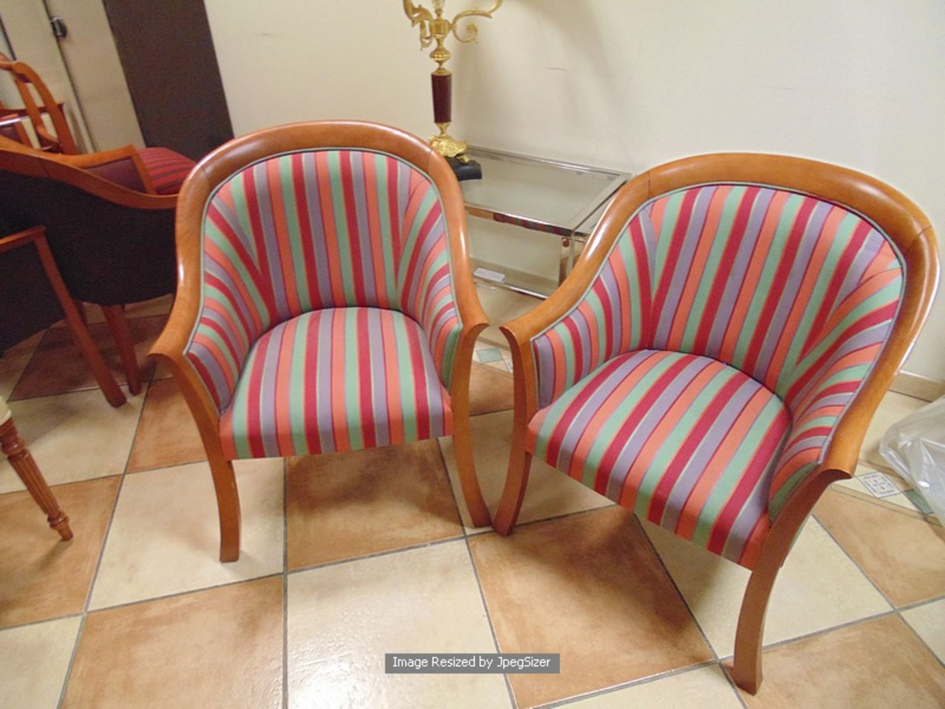 A pair of polished mahogany framed upholstered club chairs multistripe satin type fabric - Image 3 of 3