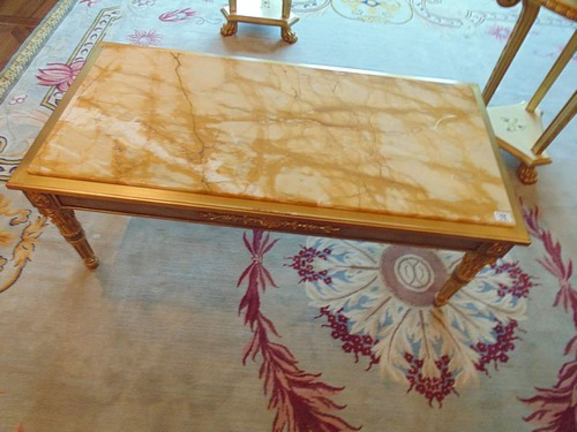 Neoclassical Italian painted and parcel gilt coffee table with marble top, apron decorated with - Image 3 of 3