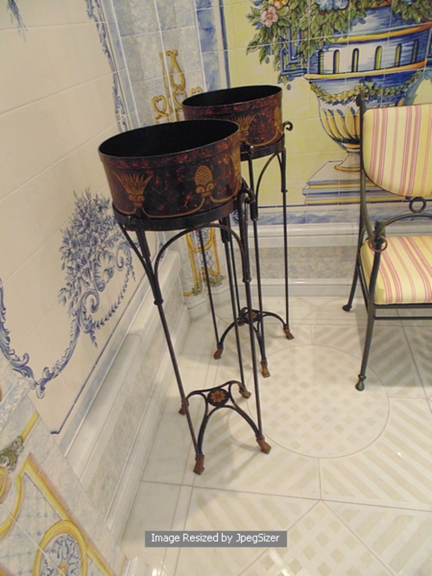 A pair of Empire style cast metal jardinière stands with a painted tin basket above 930mm tall - Image 2 of 2