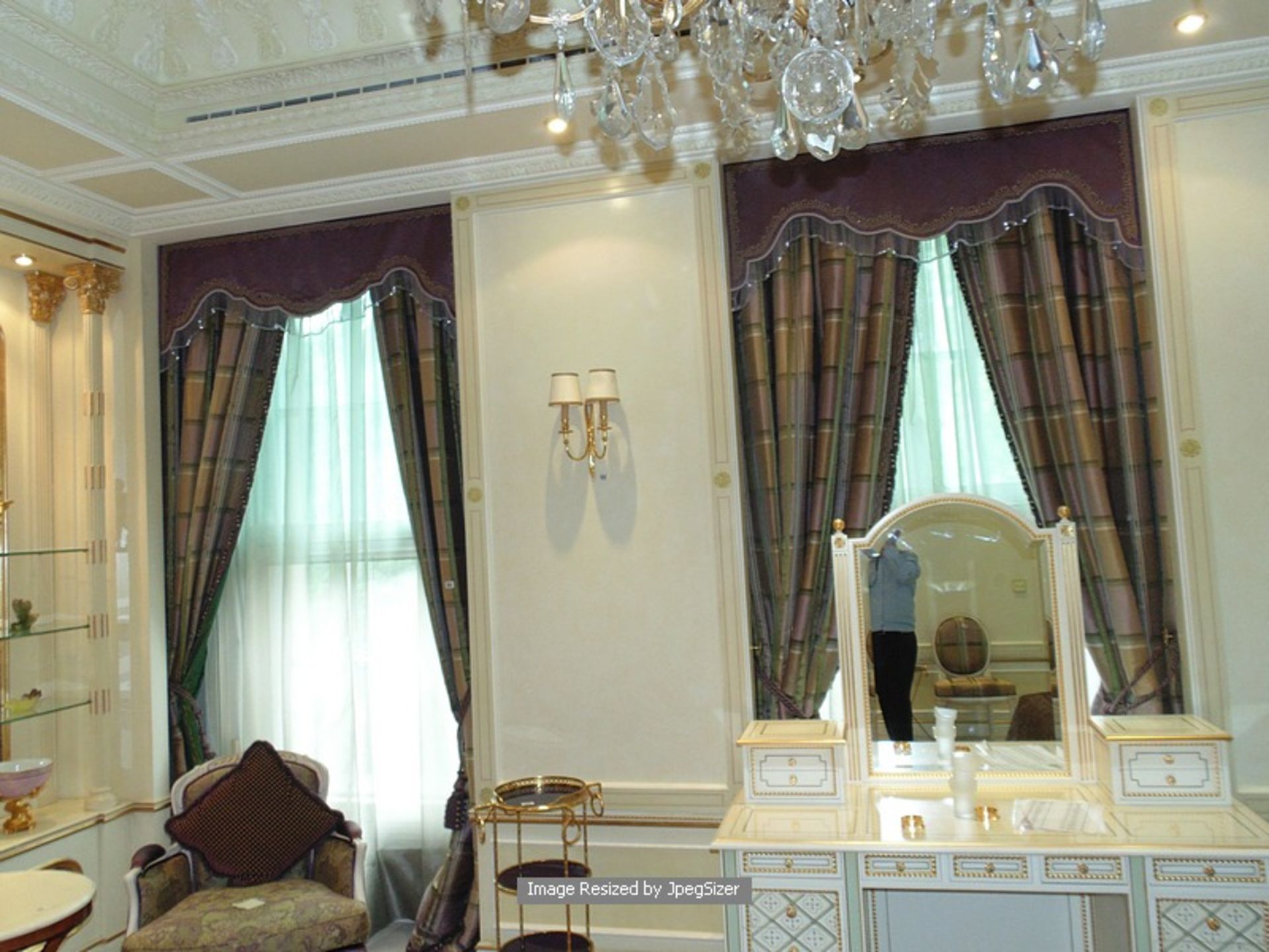 A pair of luxury check pattern curtains supplied by Jacquard, gold and green and mauve fabric from