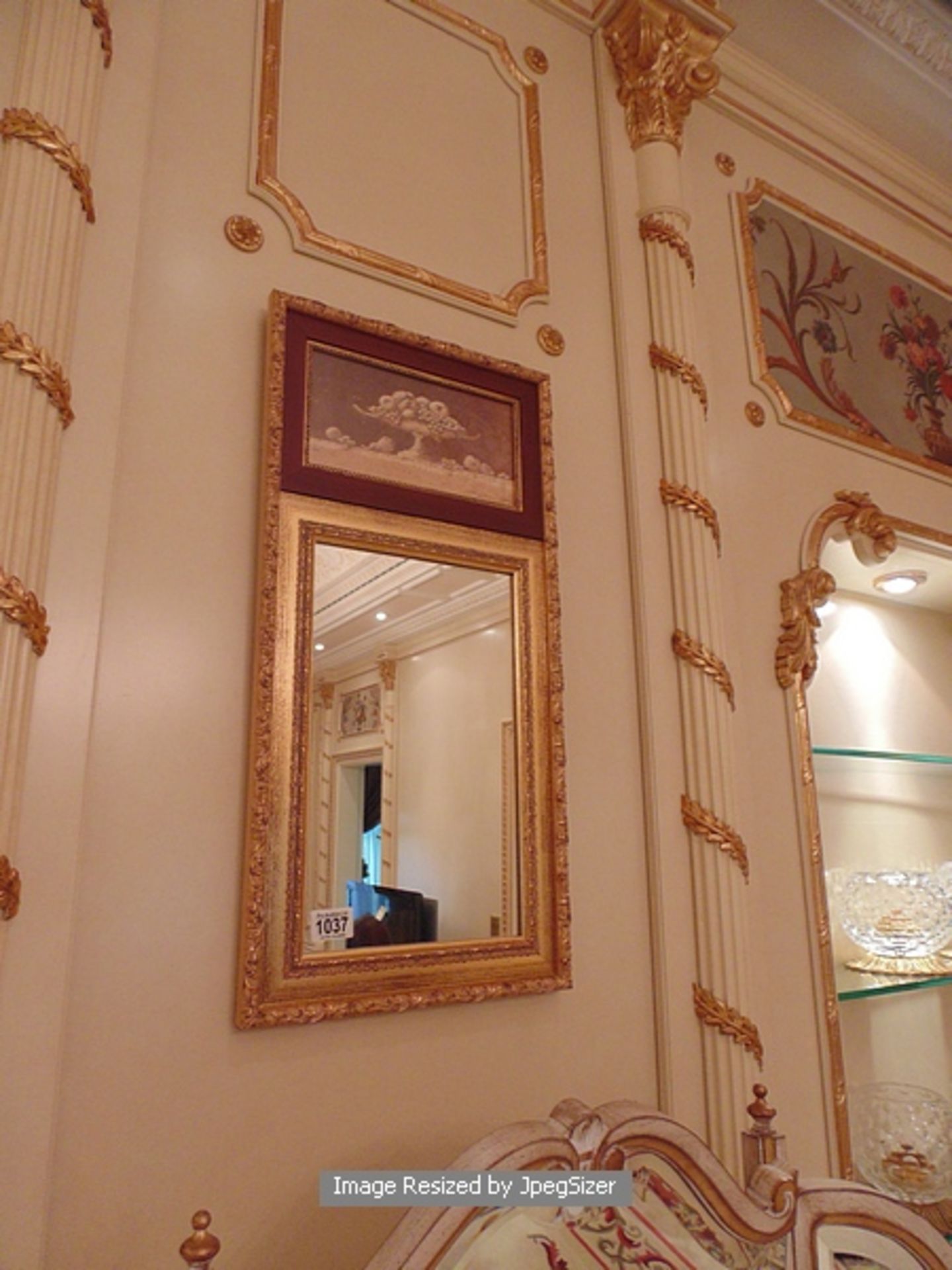 Empire style pier mirror classical carved gilt-wood applied decoration including a pediment with