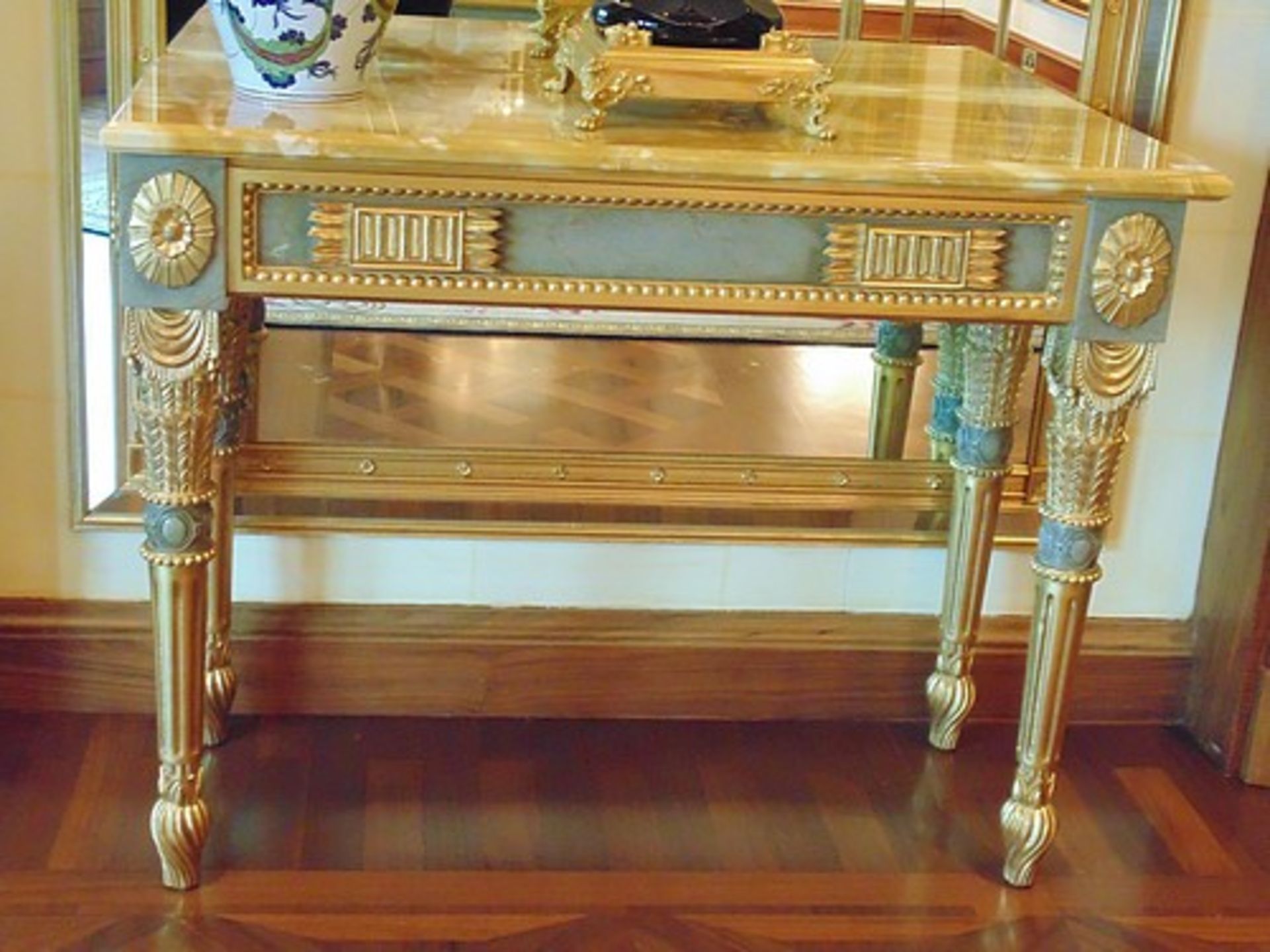 Neoclassical Italian painted and parcel gilt console with marble top, applied medallions detail on - Image 4 of 4