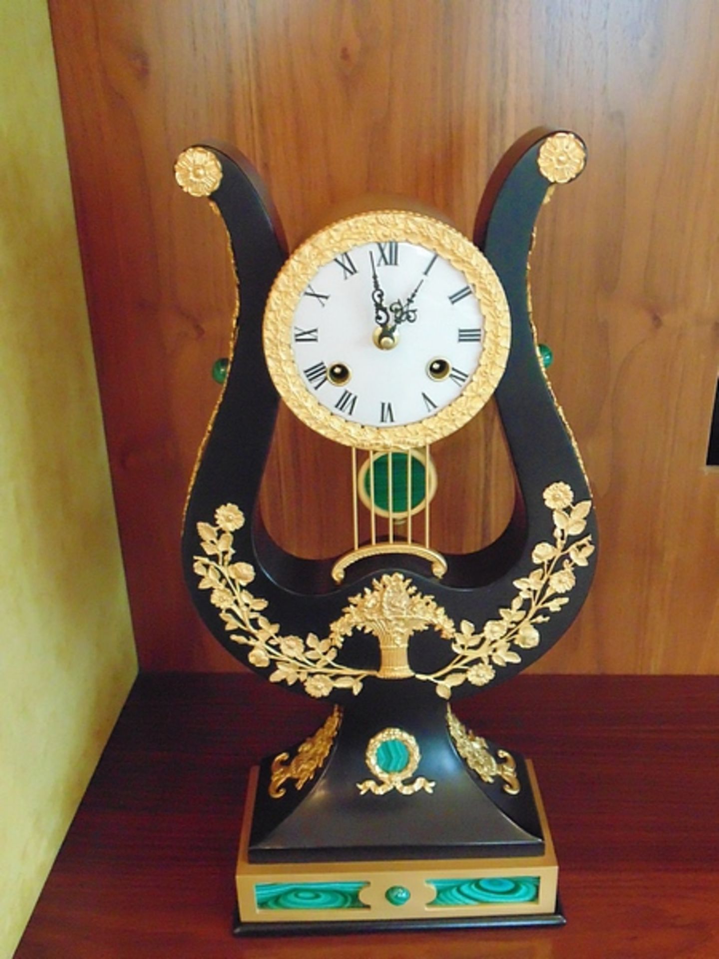 French style mounted lyre clock, ebonized hard wood with applied beaded borders and flowering - Image 2 of 2