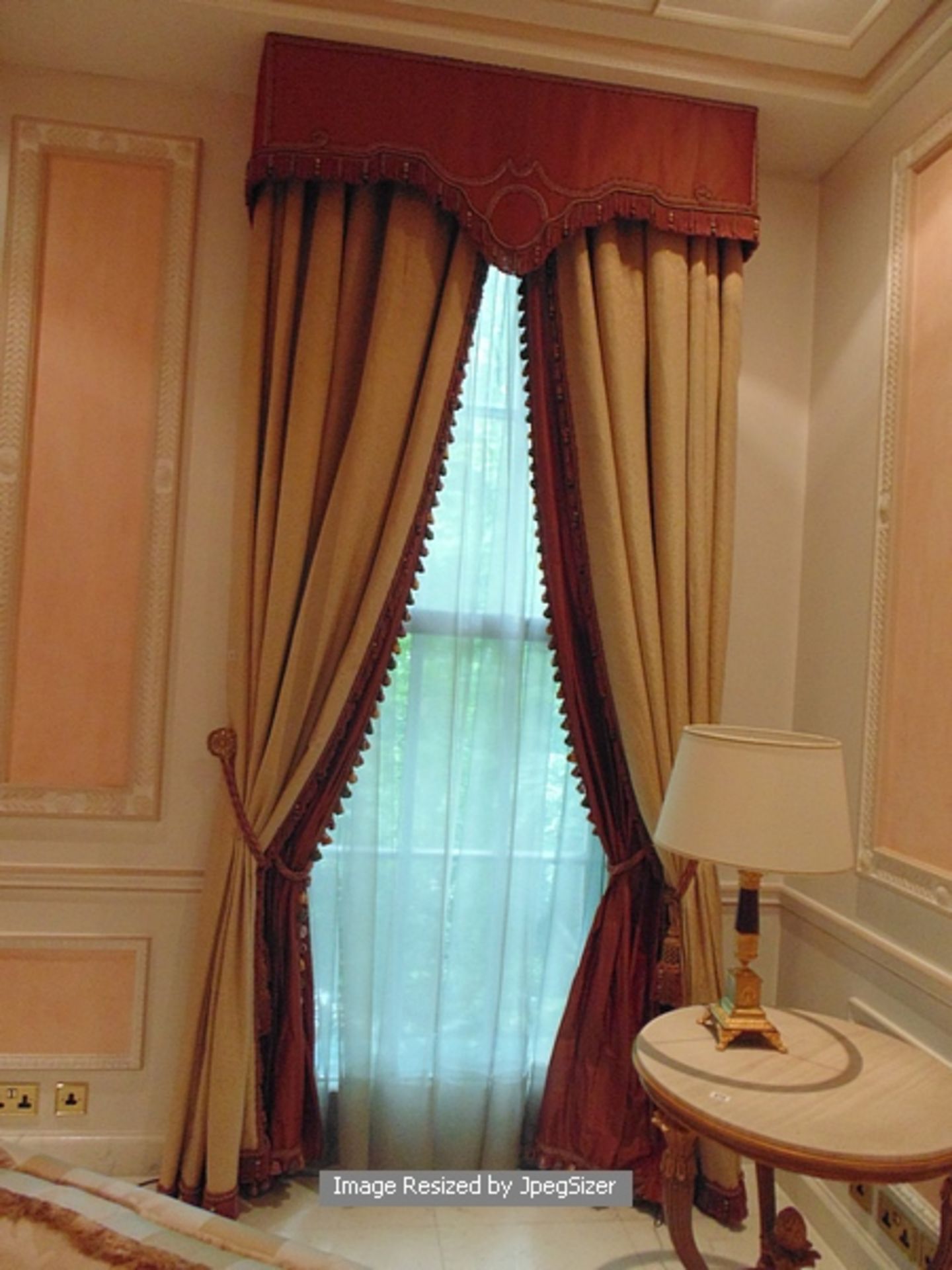 A pair of gold and burgundy curtains supplied by Jacquard, gold and burgundy fabric from Marvi - Image 2 of 2