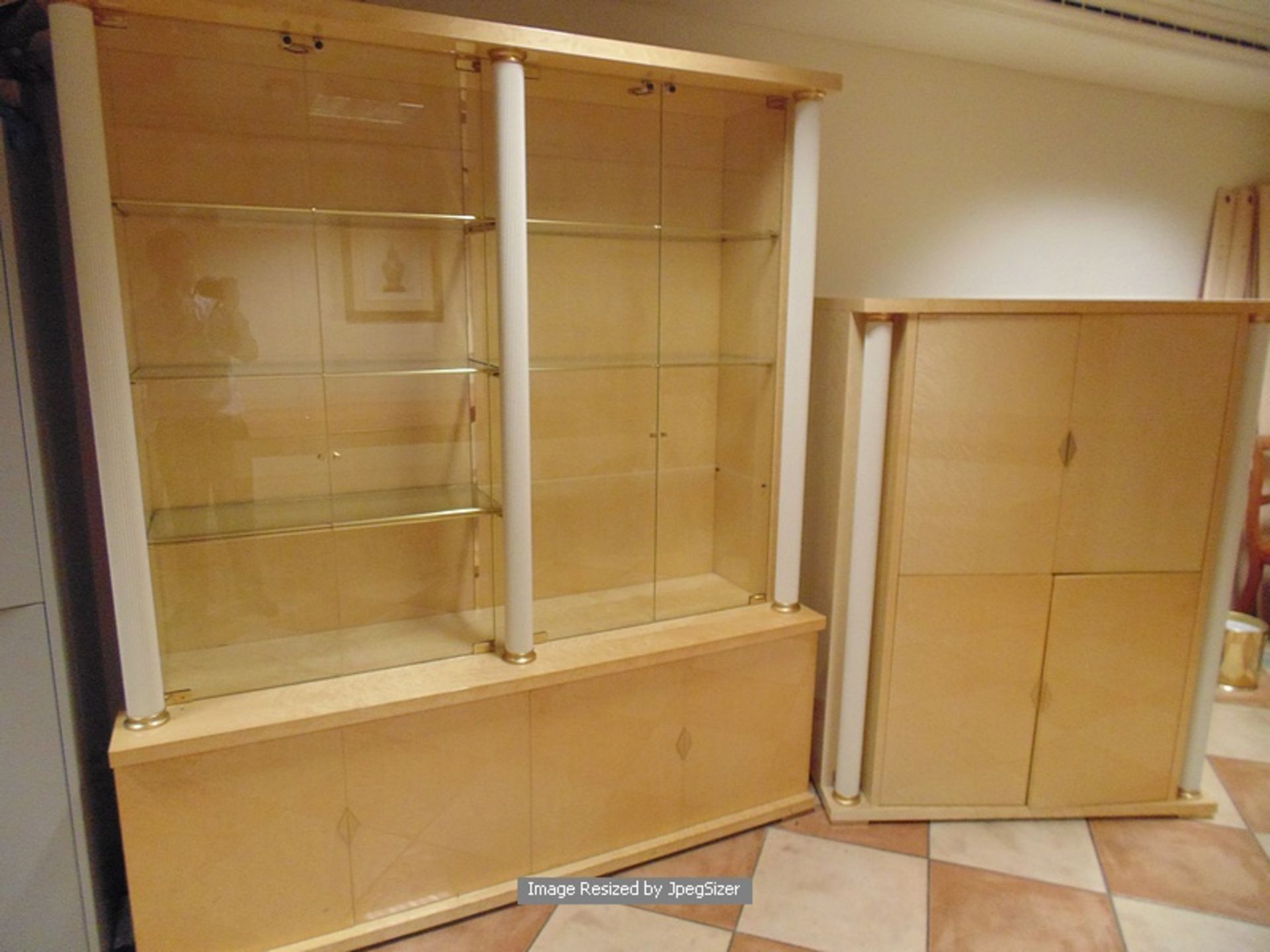A birds eye maple display cabinet with glass shelves enclosed by four glass doors, fitted with - Image 6 of 6