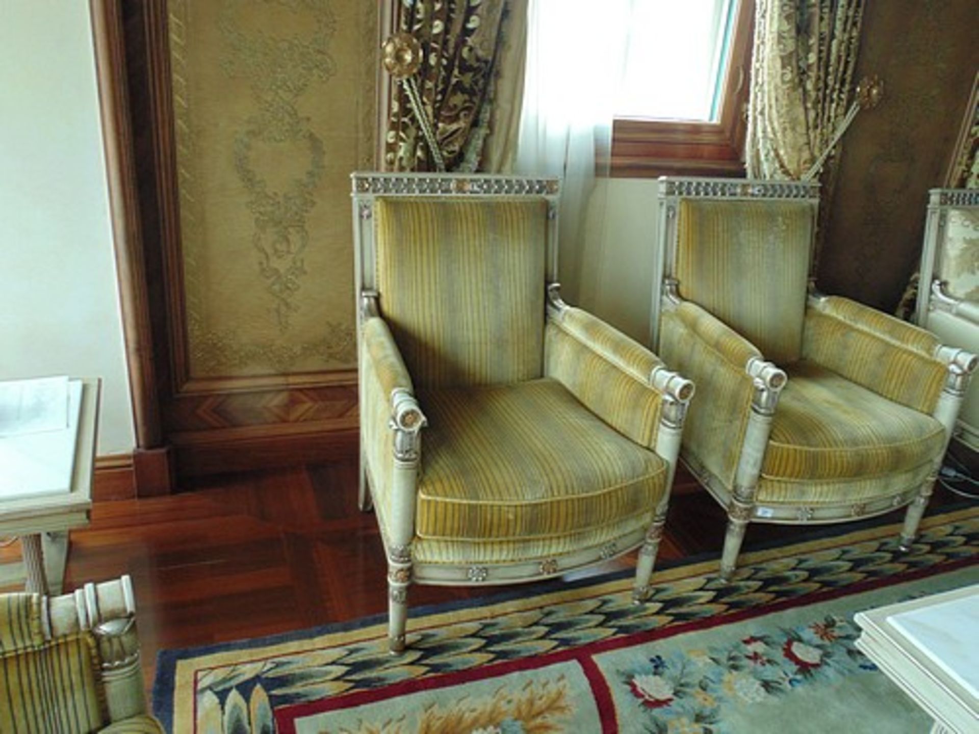 A pair of Louis XVI style Directoire Bergères painted and lacquered wood armchairs 720mm x 700mm x - Image 2 of 4