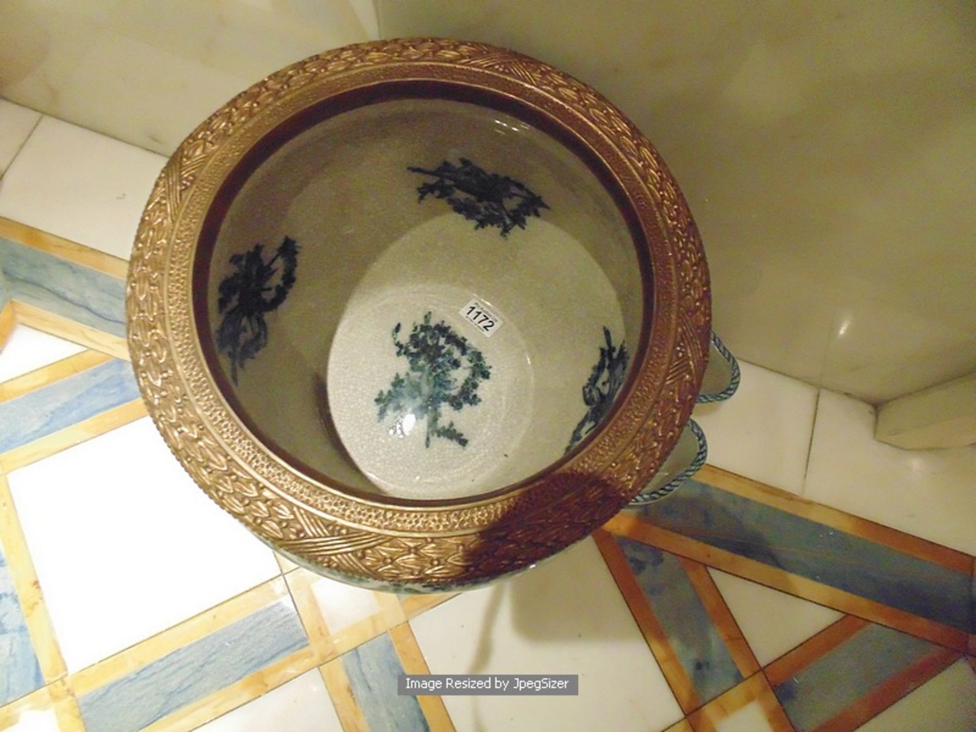 A blue and white crackleware ceramic waste paper bin with a bronze decorated top rim mounted on a - Image 2 of 2