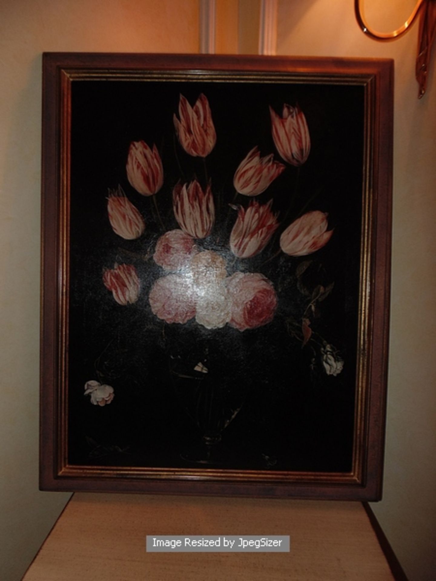 A still life floral painting on canvas gilt painted frame 550mm x 700mm