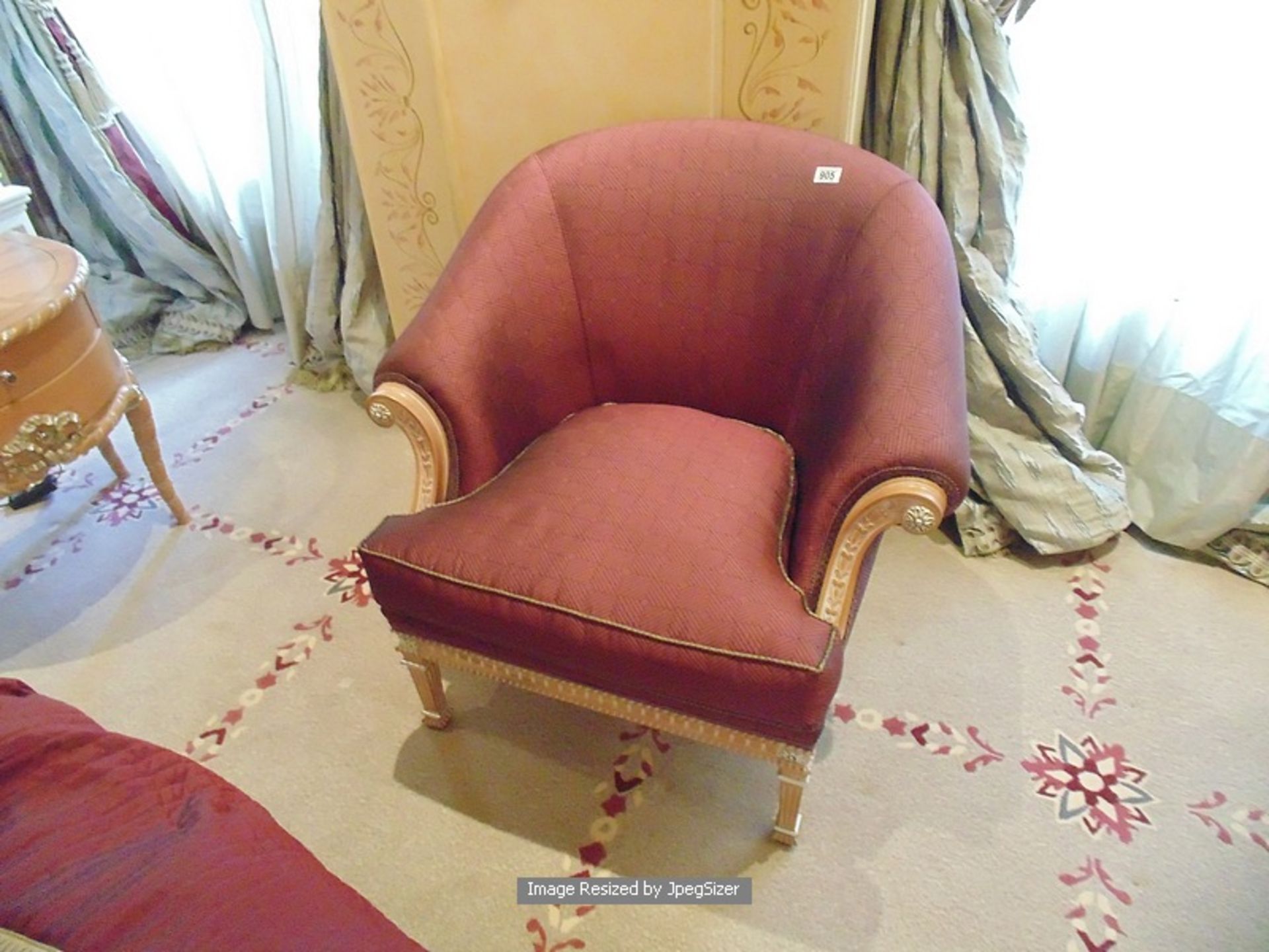 Neoclassical Italian painted and parcel gilt tub chair upholstered in a rich red fabric 530mm x