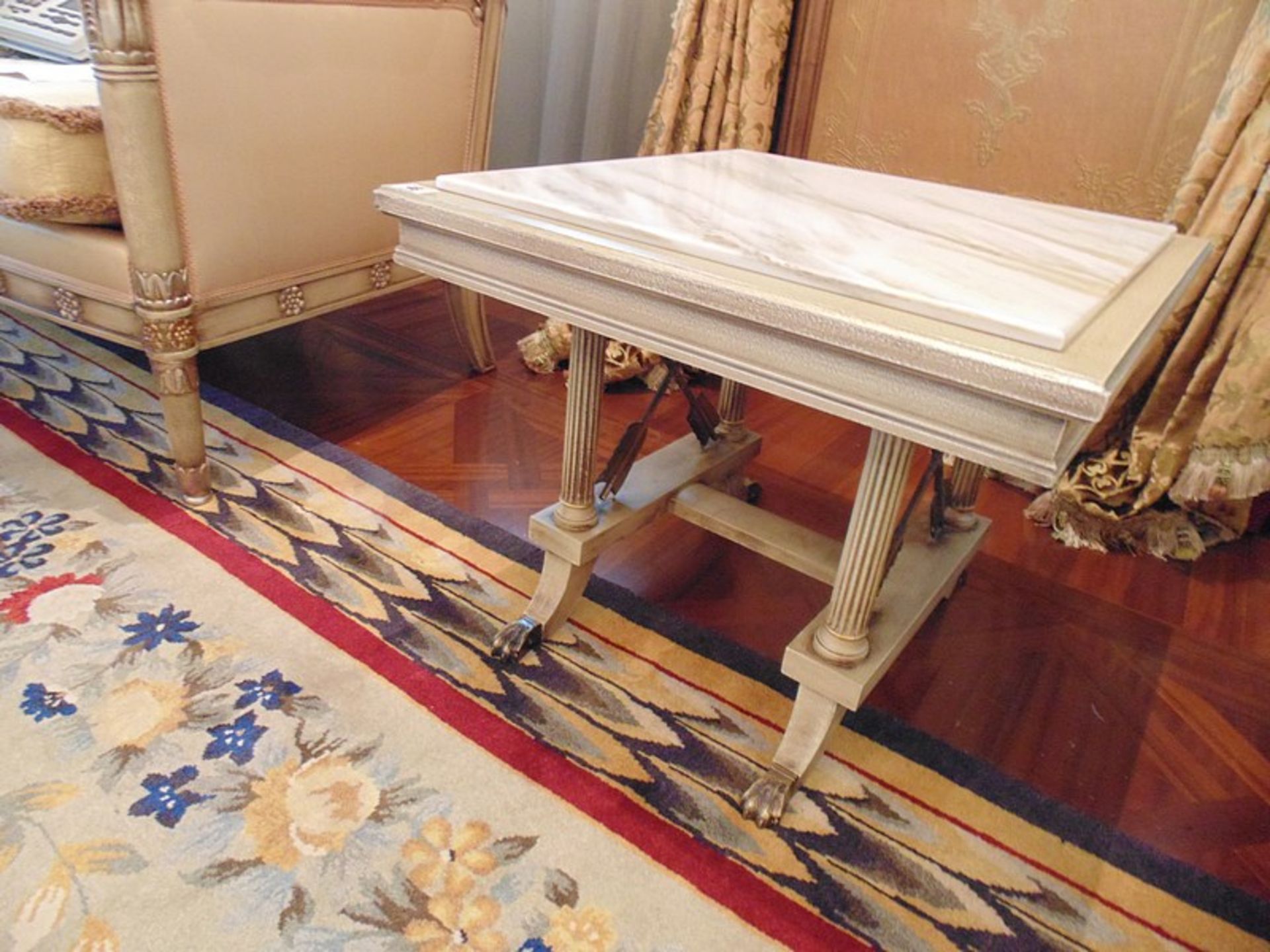 Continental painted and marbleised lamp table the marble top surmounted above four fluted columns