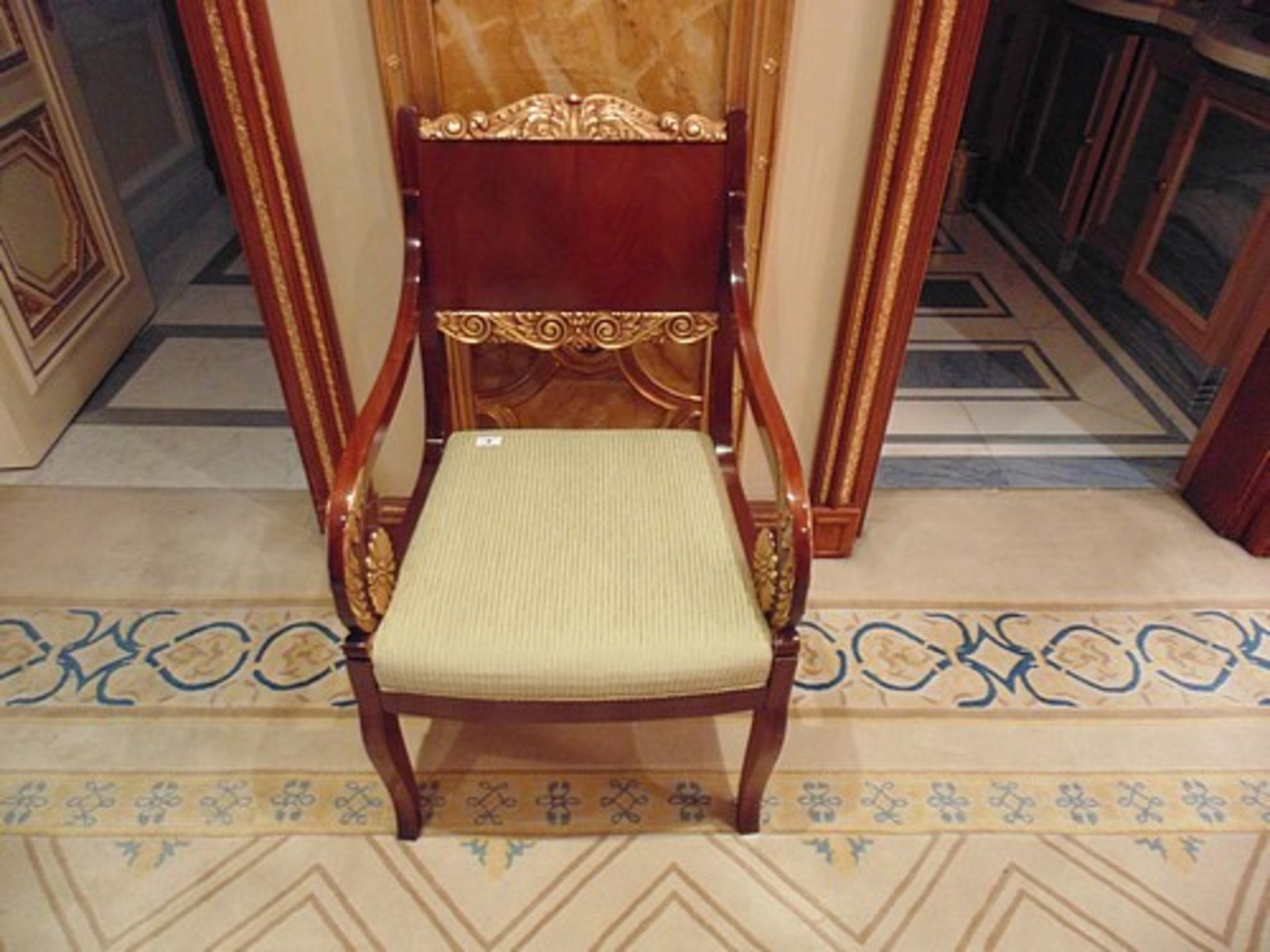 French Louis XVI Style armchairs straight shoulder boards with book match veneer, carved giltwood