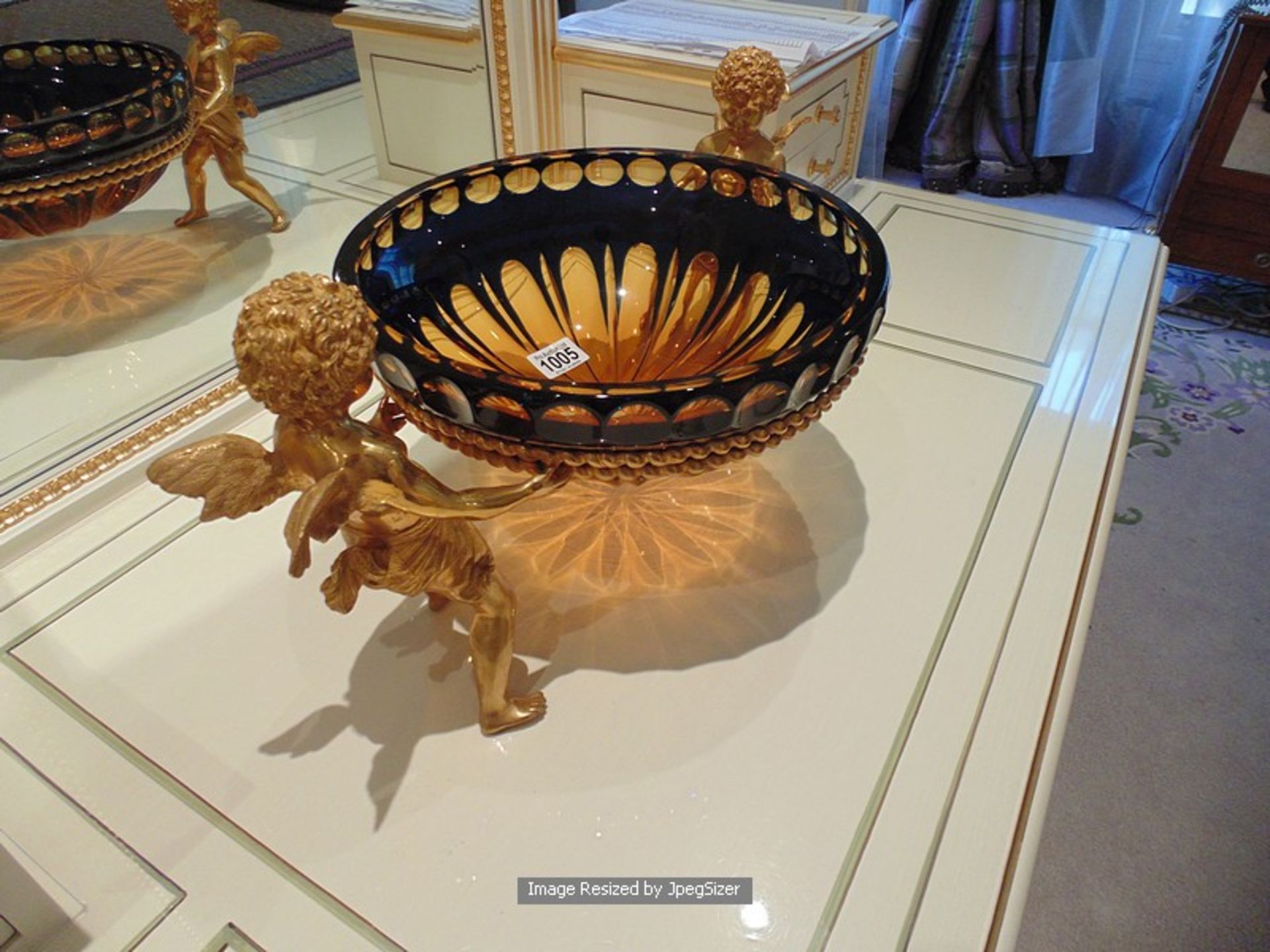 A Baldi Home Jewels amber and blue 24% lead crystal bowl mounted on bronze base 24ct. gold plated, - Image 2 of 5