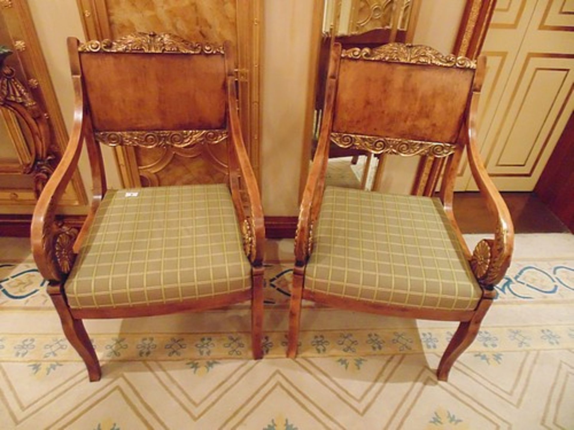 Pair of French Louis XVI Style armchairs straight shoulder boards with book match veneer, carved