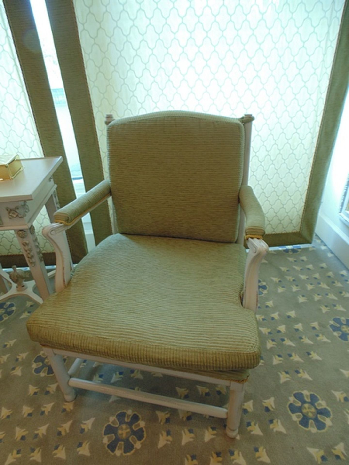 A pair fine carved antique Louis XV style pair of fauteuil arm chairs, upholstered in green fabric