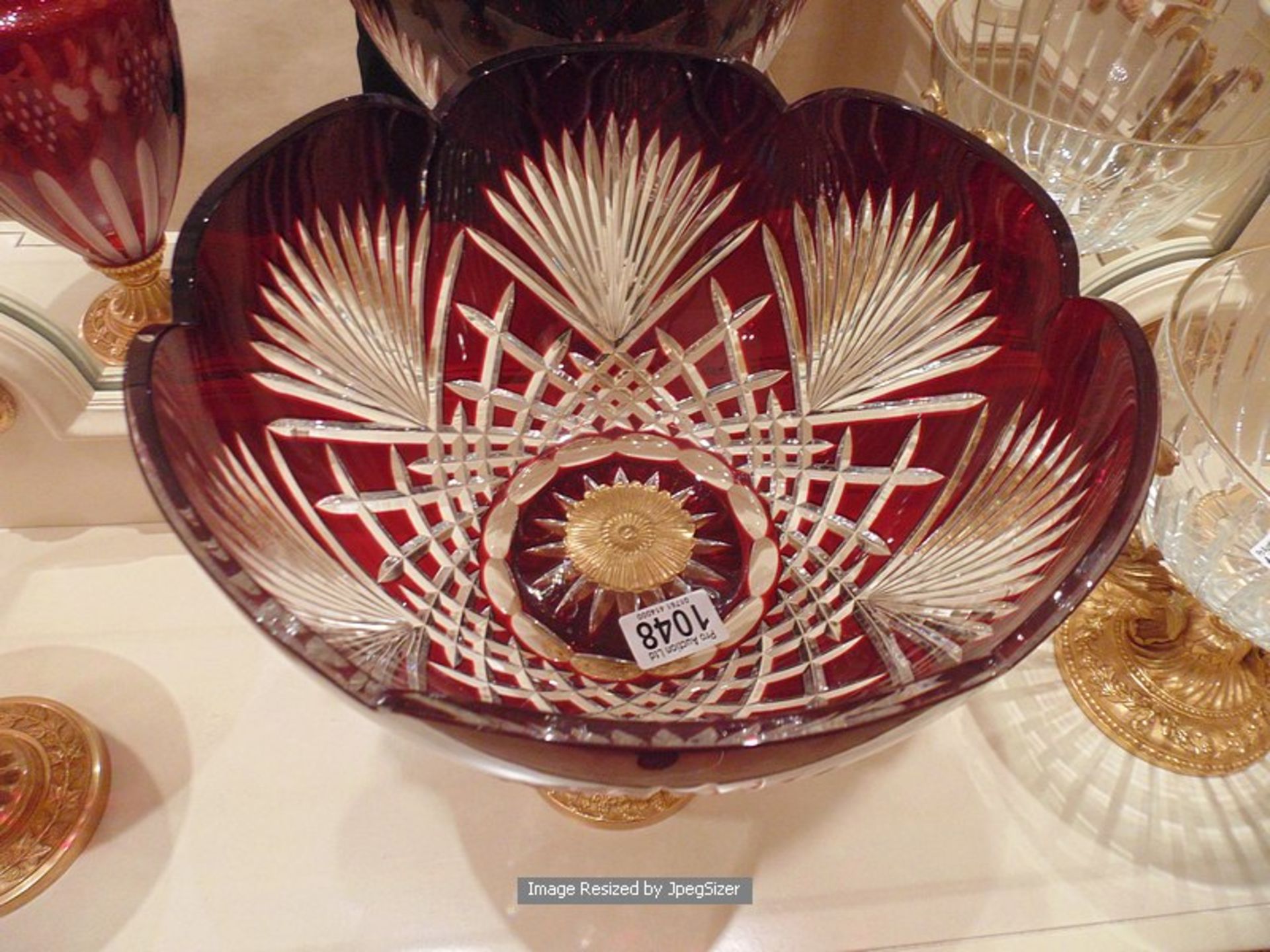 Baldi Home Jewels stunning ruby red and clear crystal scalloped cup bowl mounted on bronze figural - Image 3 of 3