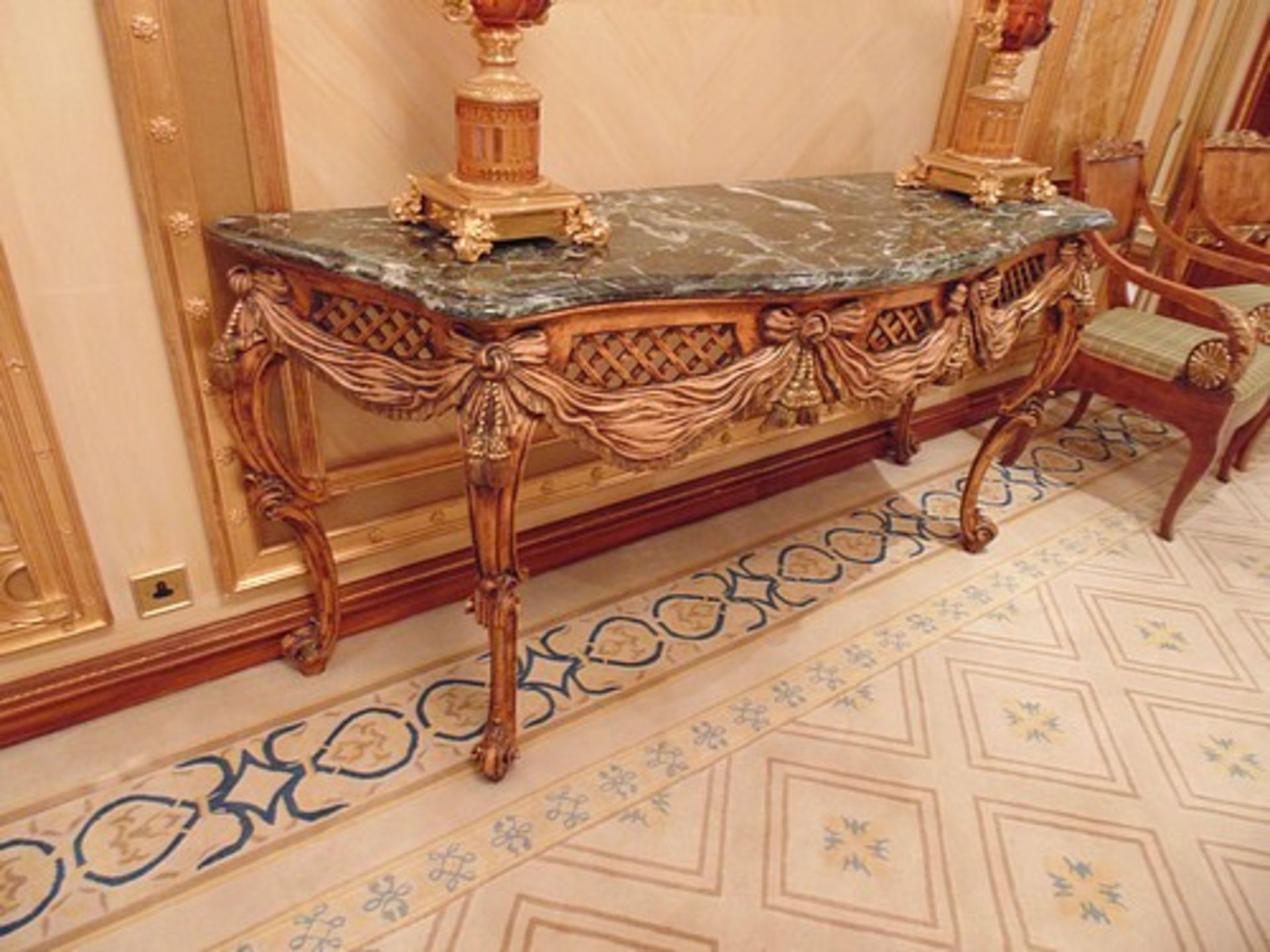 Continental bombe mahogany and console table with a Verde marble top above a carved apron with swags - Image 2 of 2