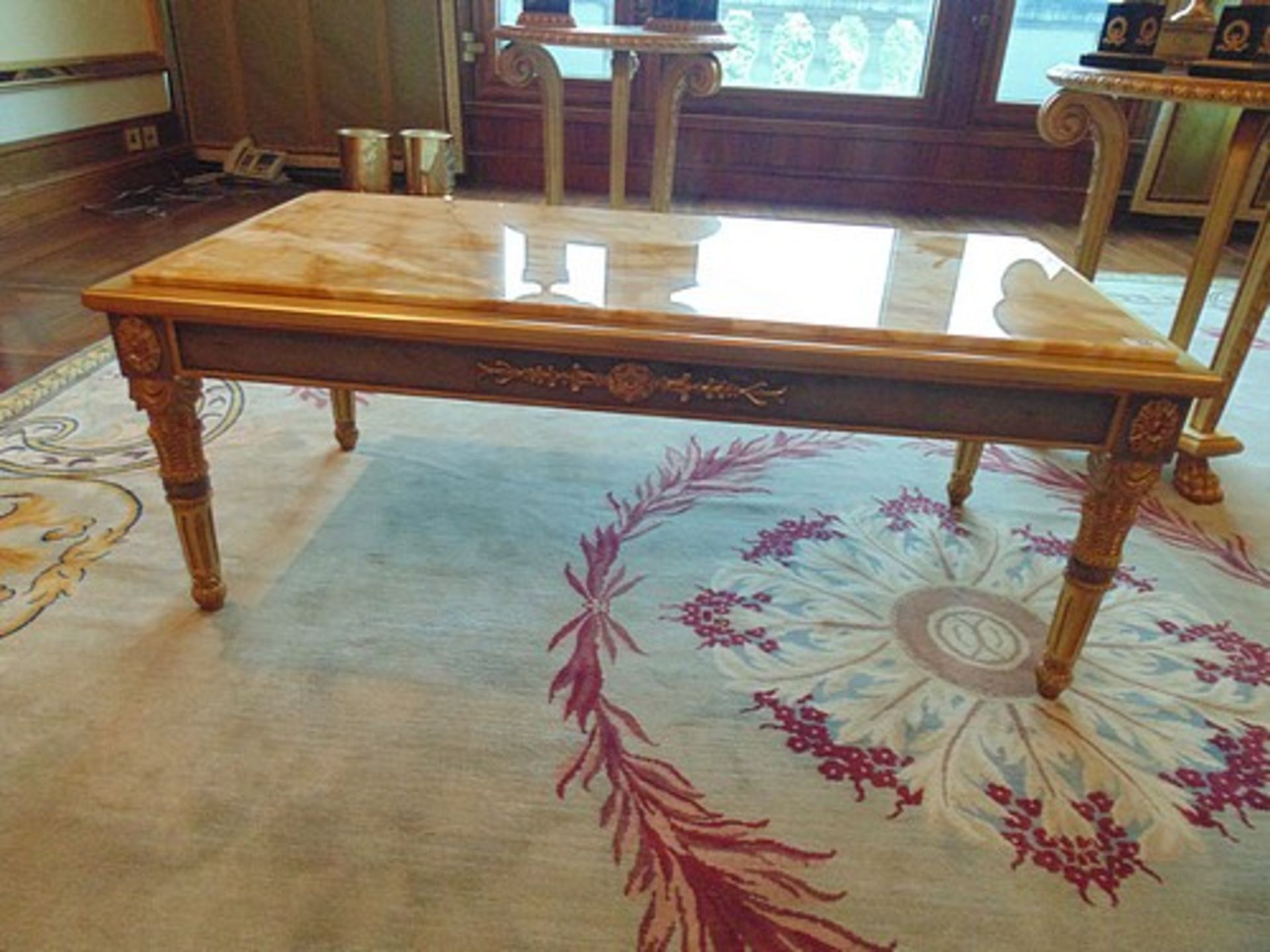 Neoclassical Italian painted and parcel gilt coffee table with marble top, apron decorated with - Image 2 of 3