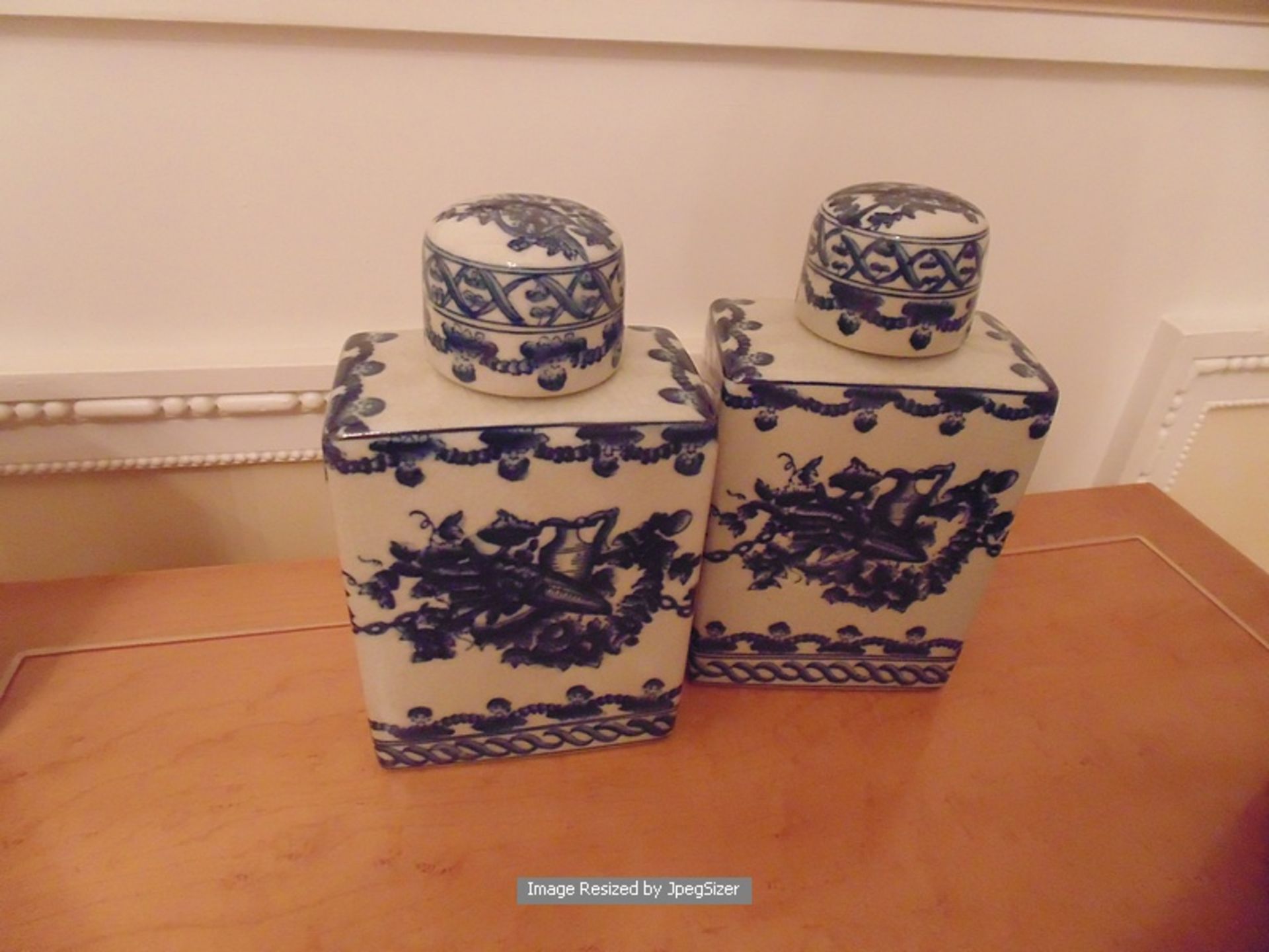 2 x blue and white crackleware lidded jars inscribed Altea