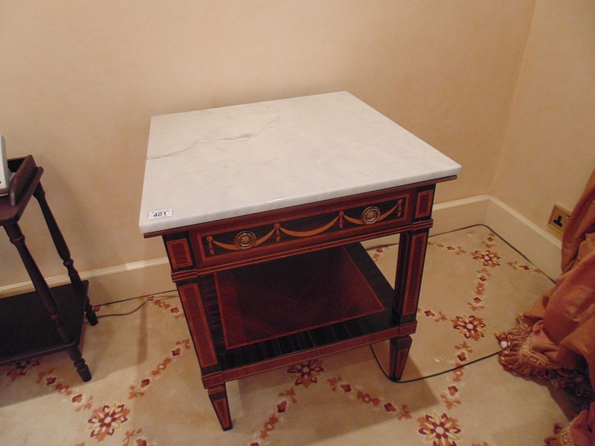 A Neoclassical mahogany marquetry inlay marble top single drawer lamp table with under shelf
