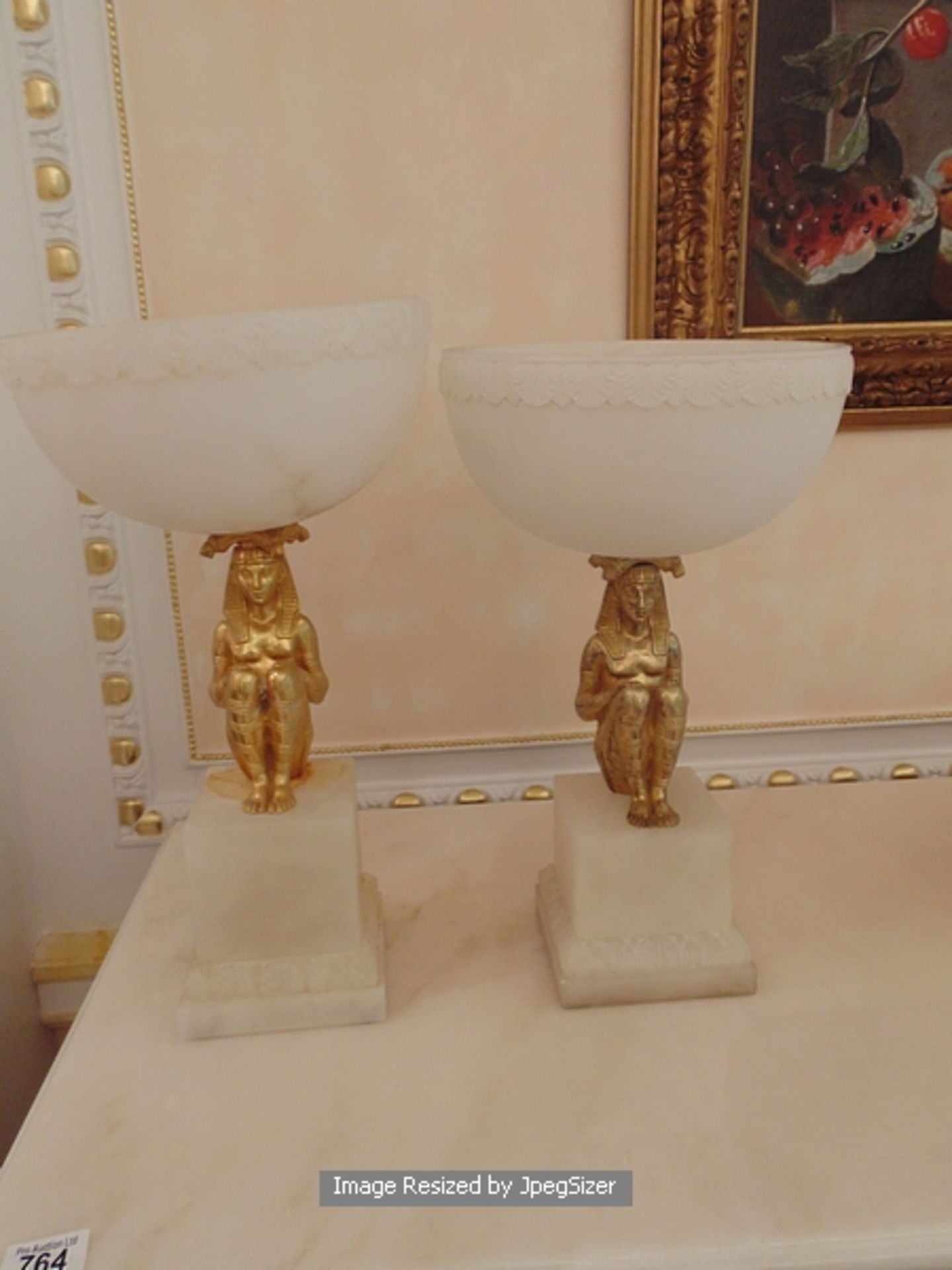 A pair of fine carved alabaster and dore bronze objet d'art piece, a carved 250mm diameter bowl