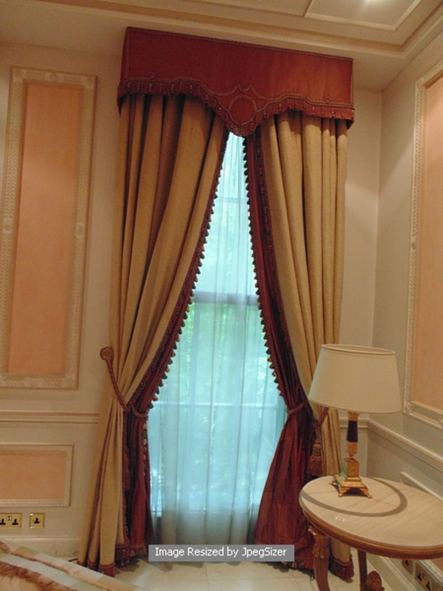 A pair of gold and burgundy curtains supplied by Jacquard, gold and burgundy fabric from Marvi - Image 2 of 2