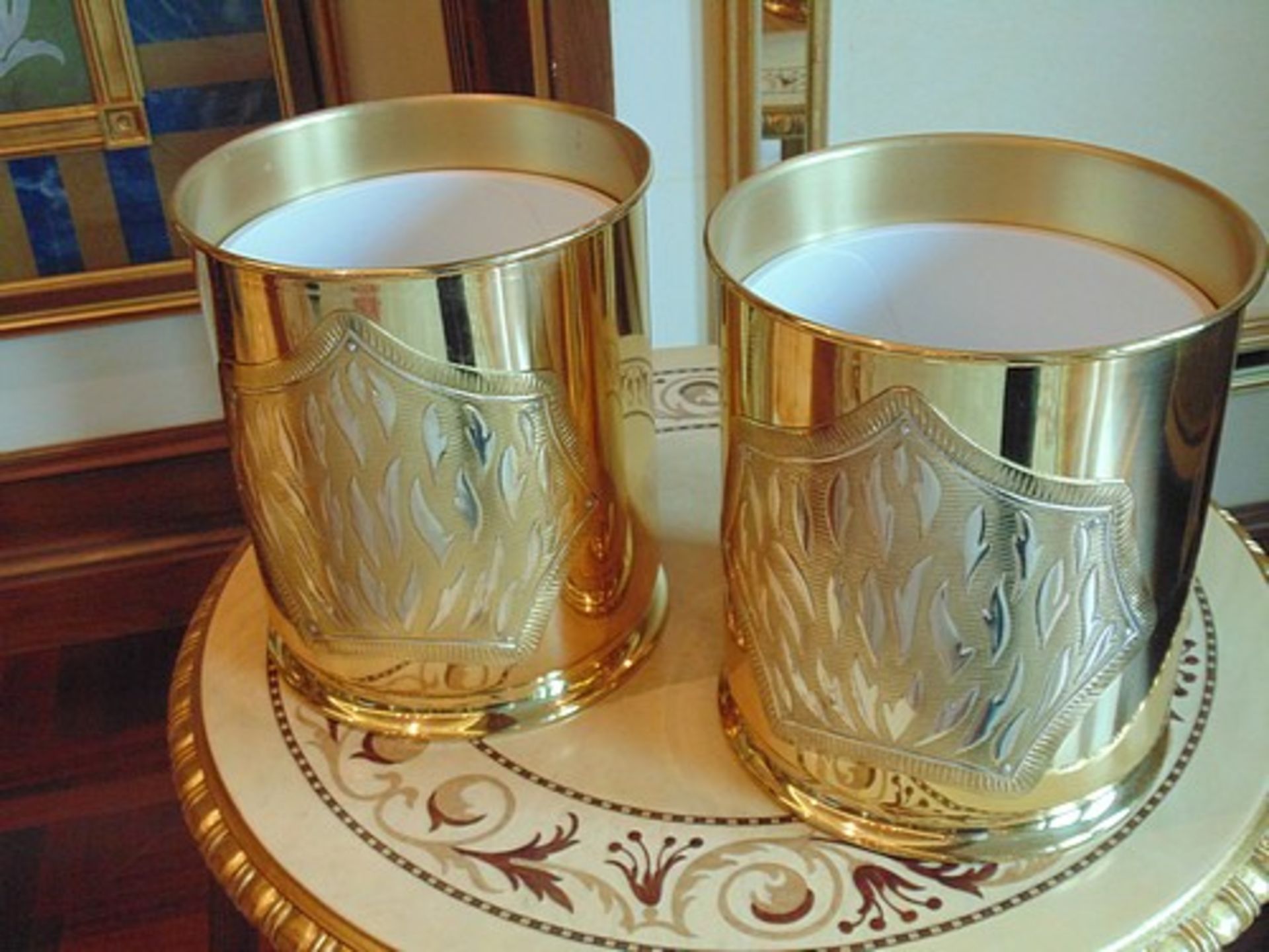 2 x 24ct. gold plated waste paper bins