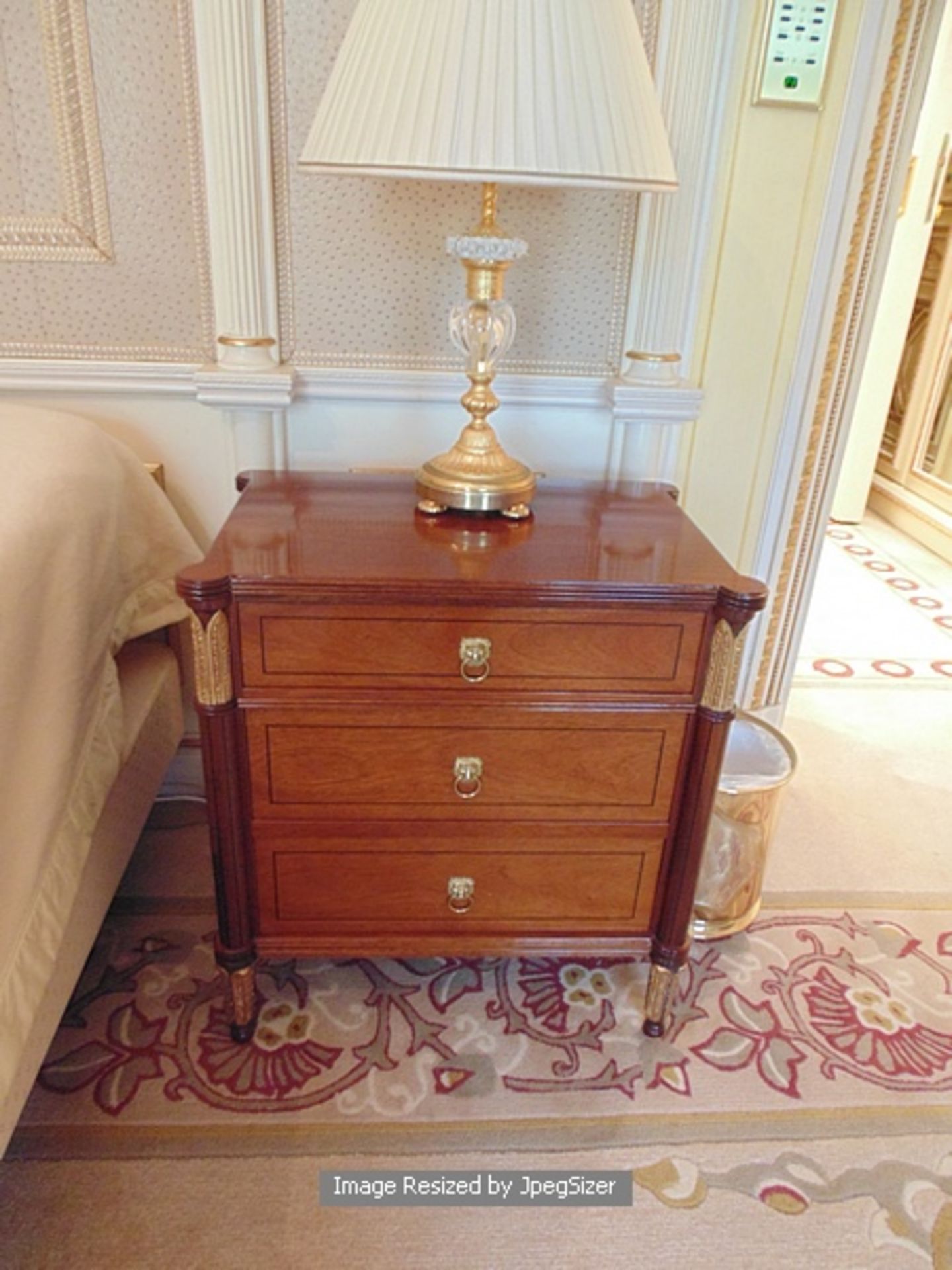 A pair of Empire style three drawer nightstand chests with veneer panelled downs and ormolu mounts - Image 2 of 2