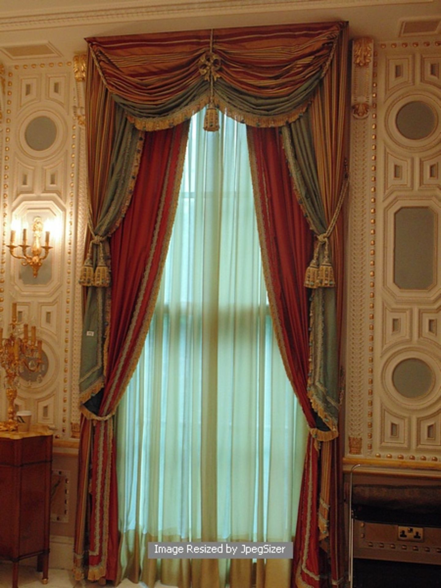 A pair of gold and aquamarine curtains supplied by Jacquard from Rudolph Ackermann`s A series design - Image 2 of 2